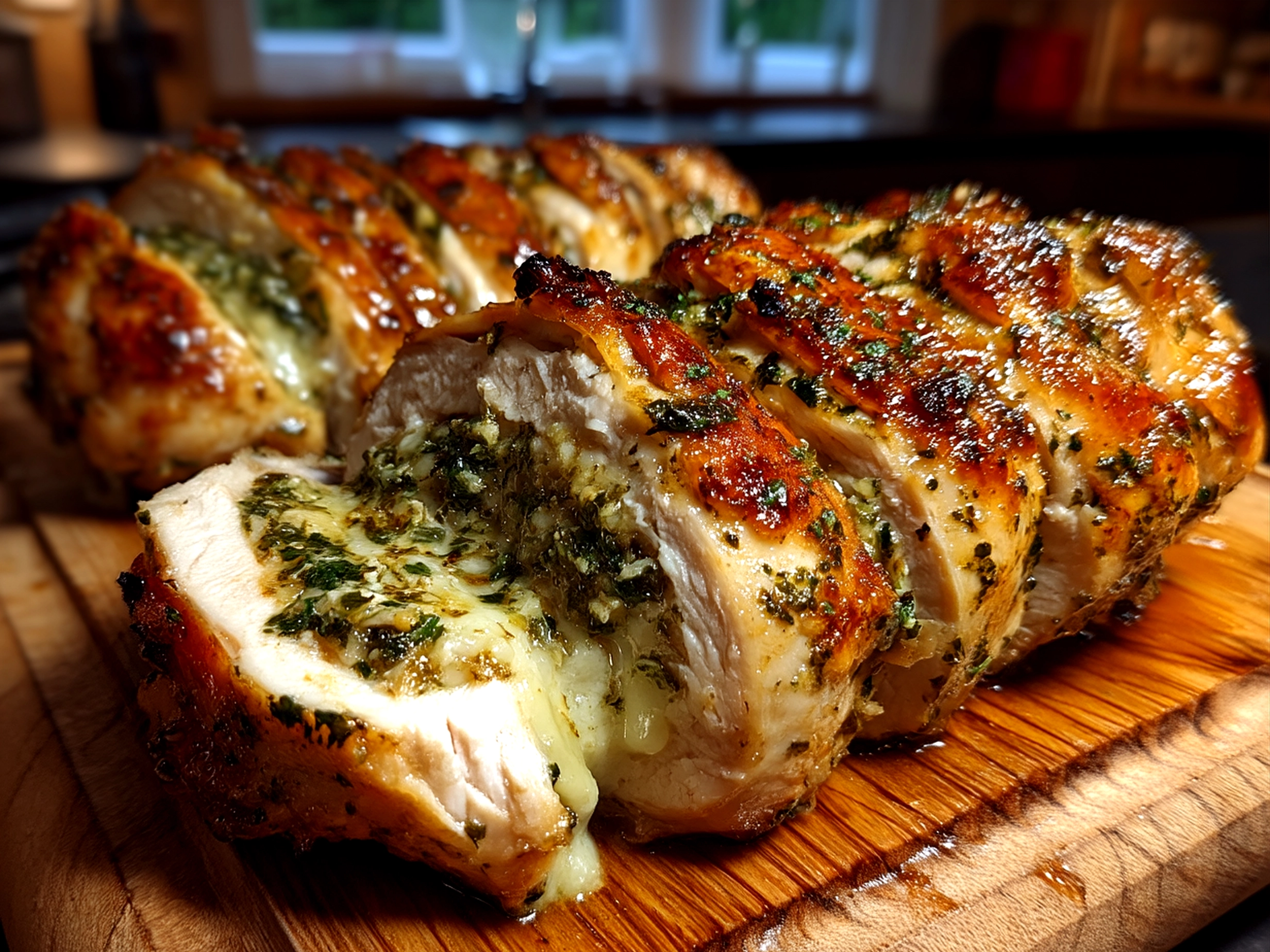 Serving dish with Pesto Stuffed Chicken alongside salad and roasted baby potatoes