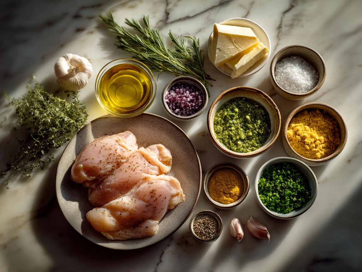 Ingredients for Pesto Stuffed Chicken including chicken breasts, basil pesto, mozzarella, and sun-dried tomatoes