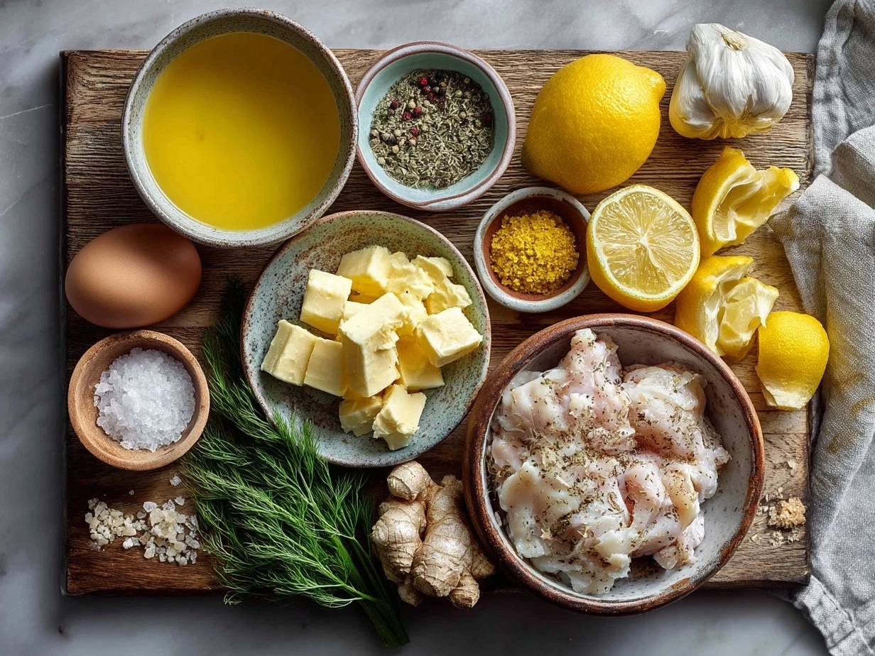 Raw ingredients for one-pot lemon chicken soup arranged on marble surface