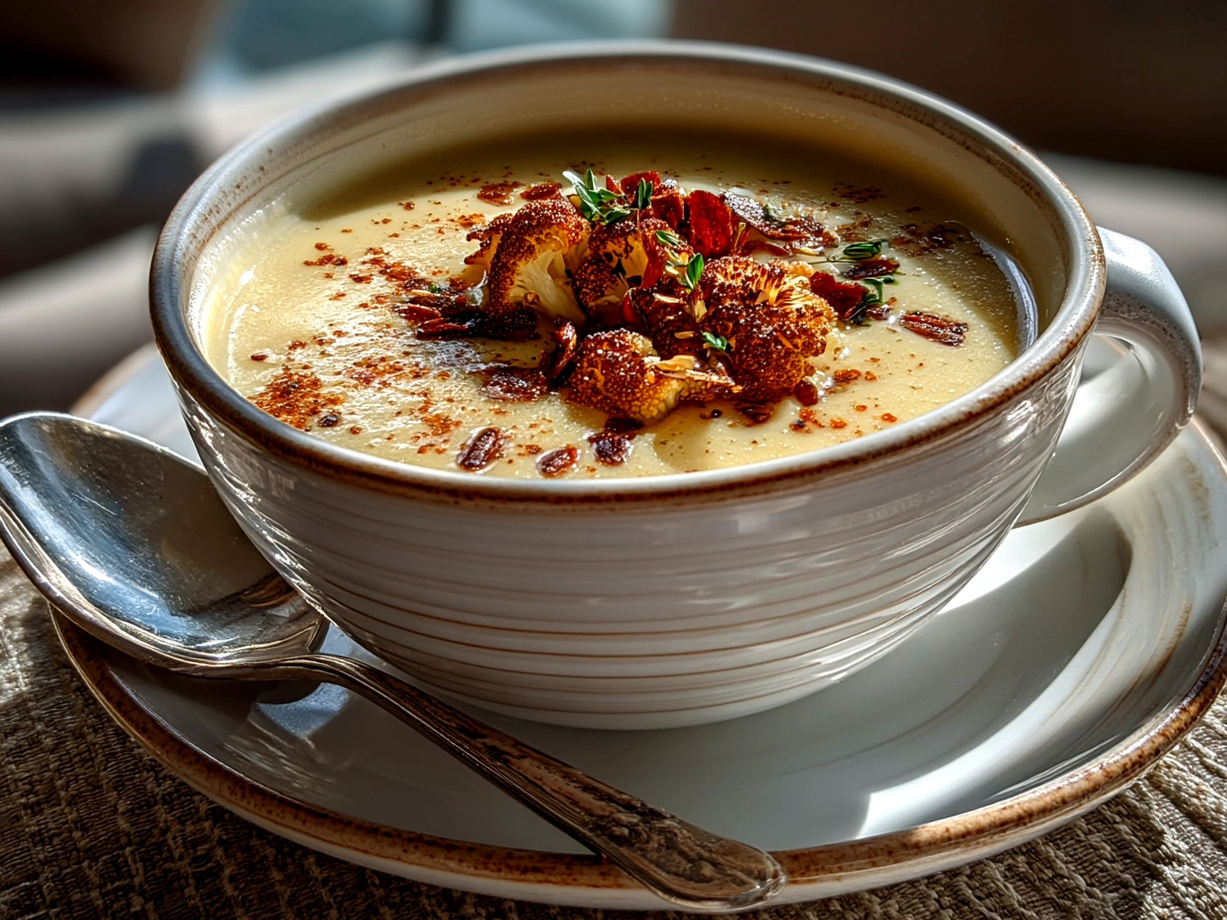 A bowl of creamy roasted cauliflower soup garnished with fresh herbs, served alongside crusty bread