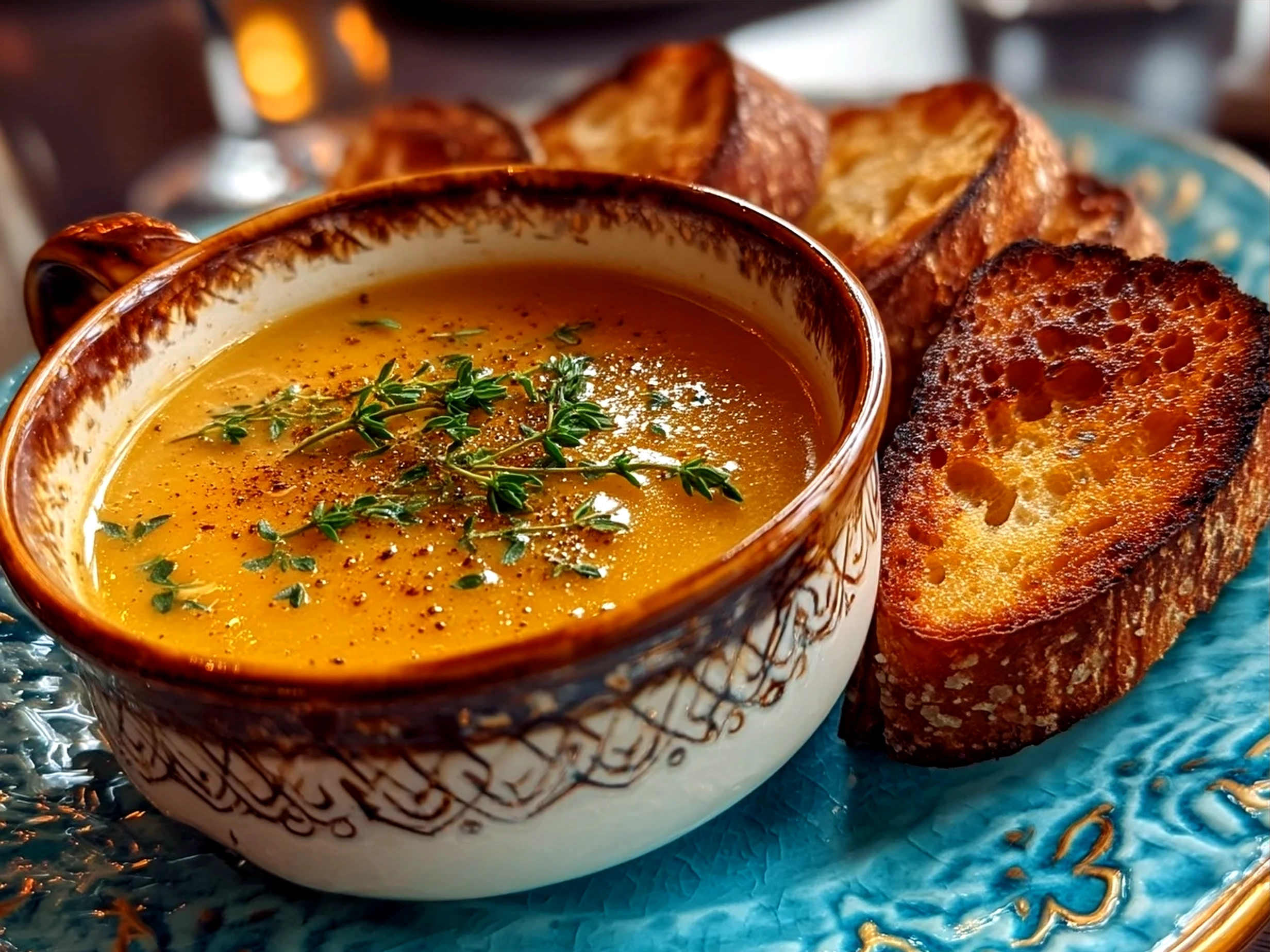 Serving Roasted Parsnip Soup with Thyme garnished with fresh thyme and crusty bread