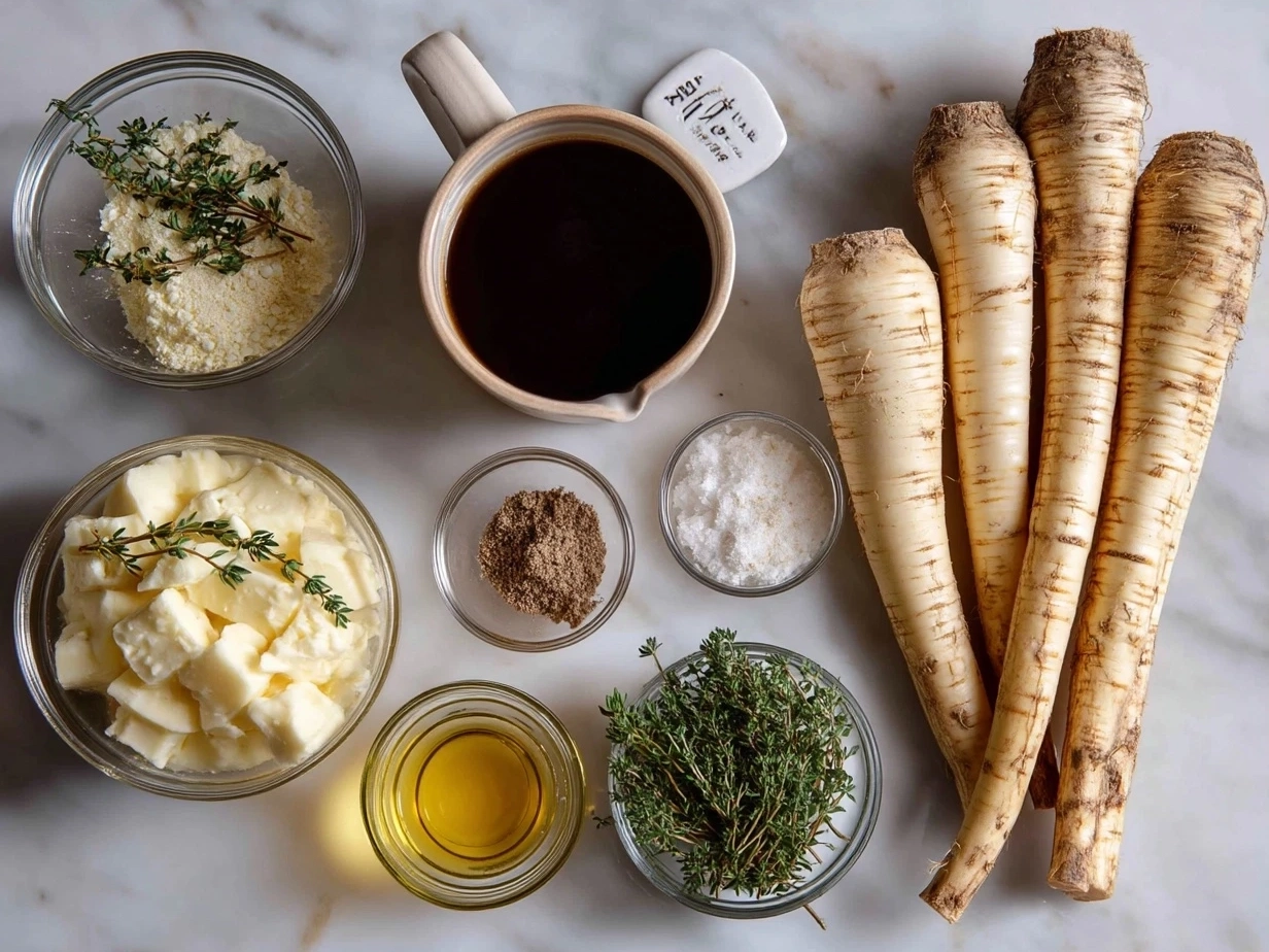 Ingredients for Roasted Parsnip Soup with Thyme including parsnips, onion, garlic, thyme, vegetable broth, olive oil, bay leaf, salt, pepper, and plant-based milk