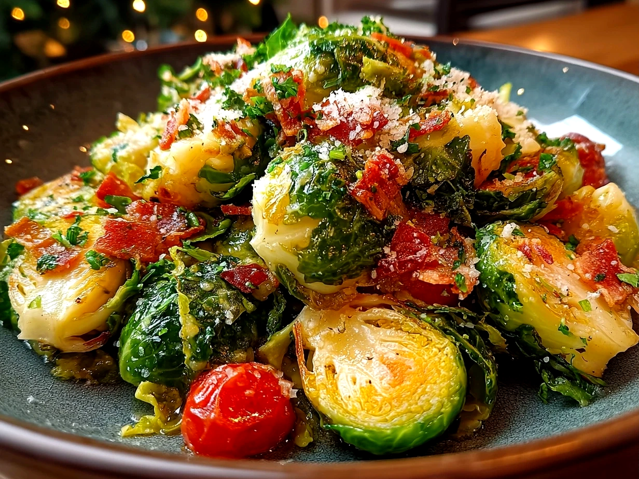 Slight angle close-up of finished Brussels Sprouts Caesar salad with Parmesan and croutons