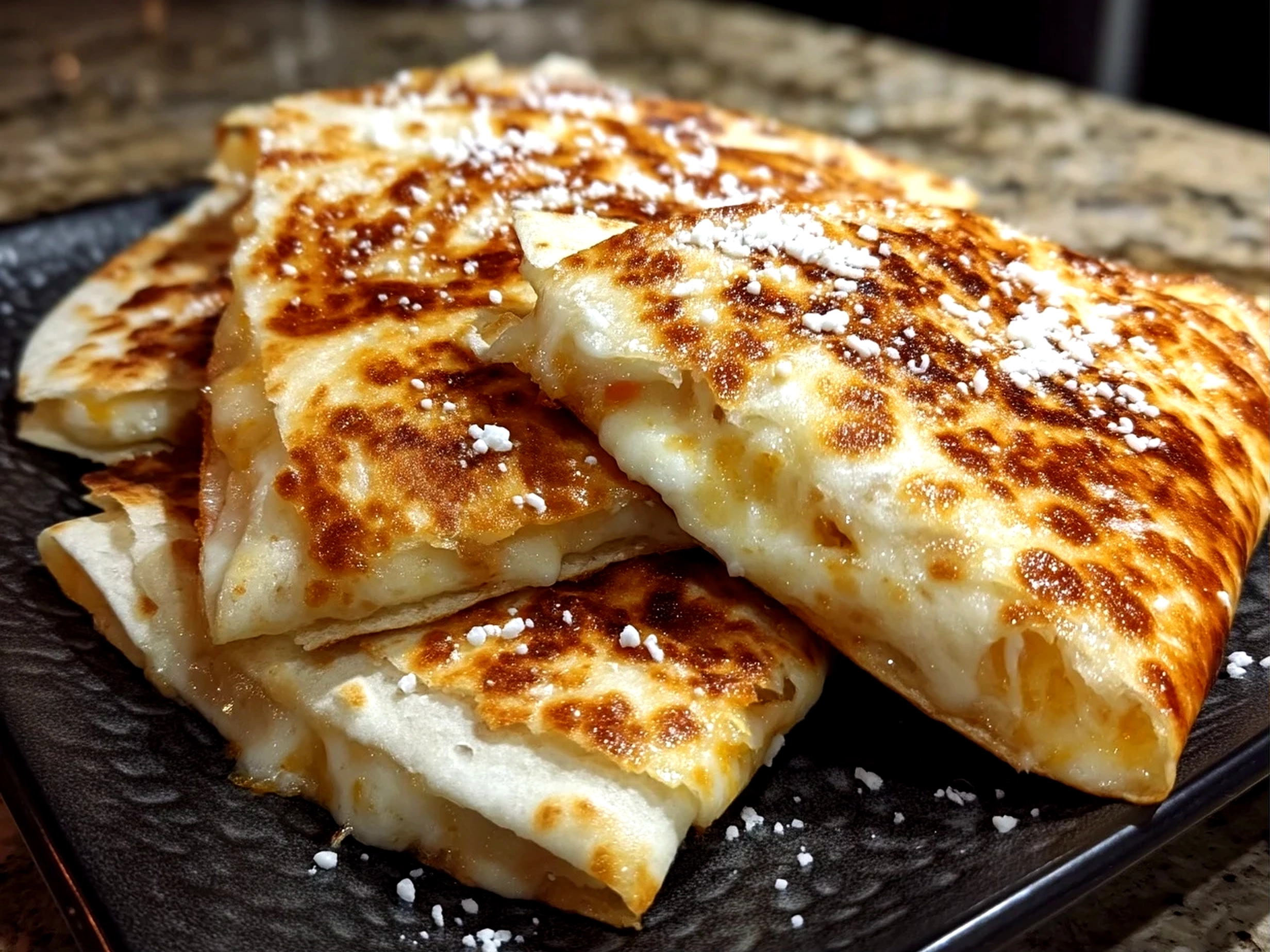 Close up of a finished cheese quesadilla with a rich, inviting finish