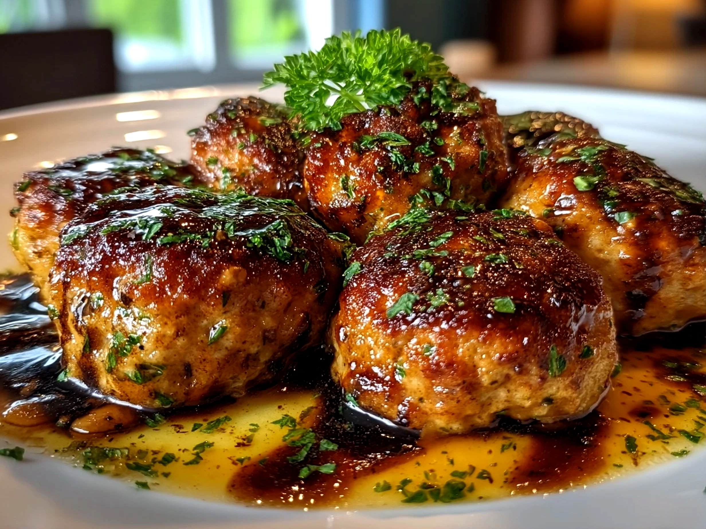 Close up of finished Chicken Marsala Meatballs plated and ready to serve