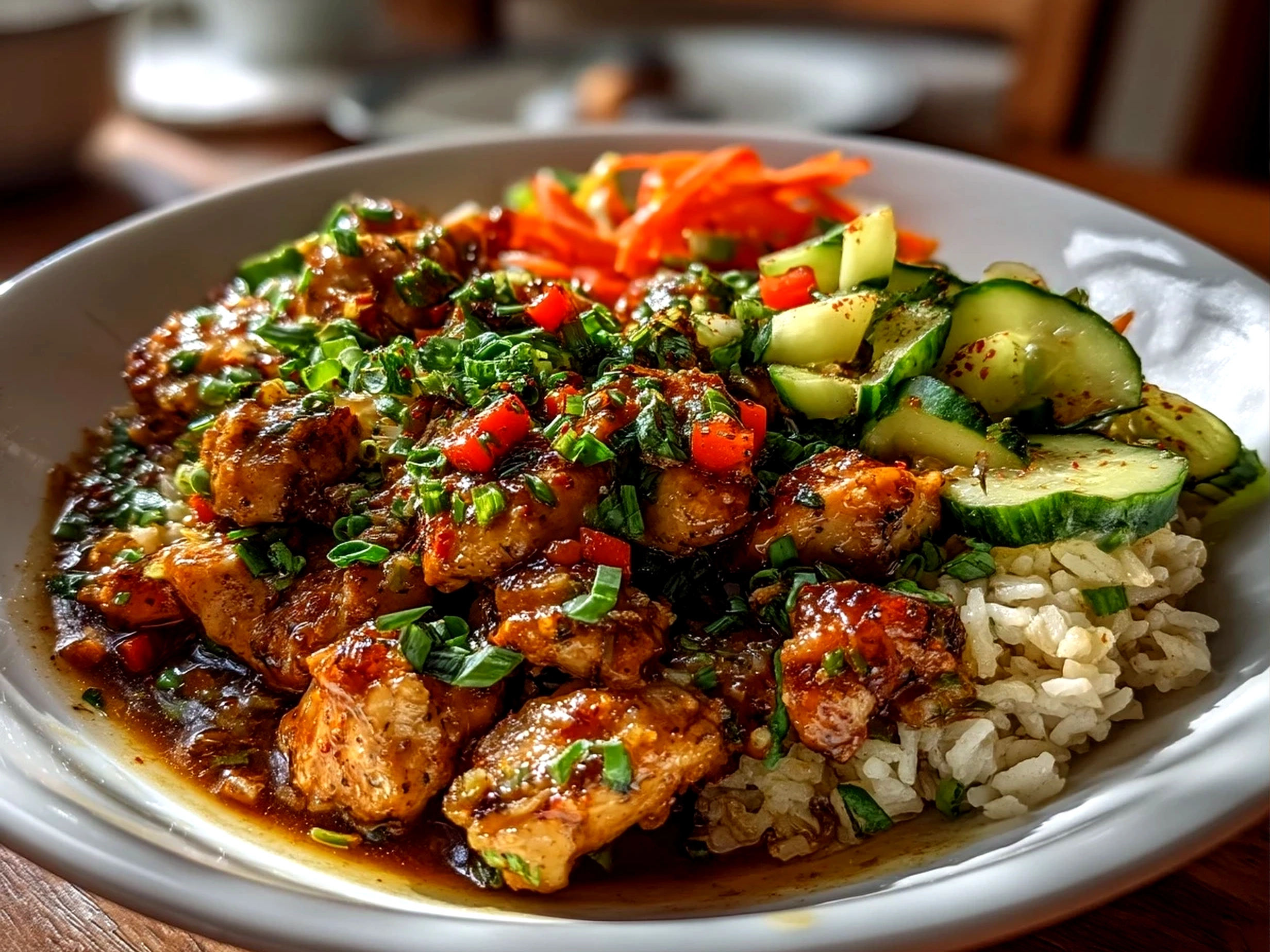 Slight angle close-up of finished comforting chicken and rice bowl