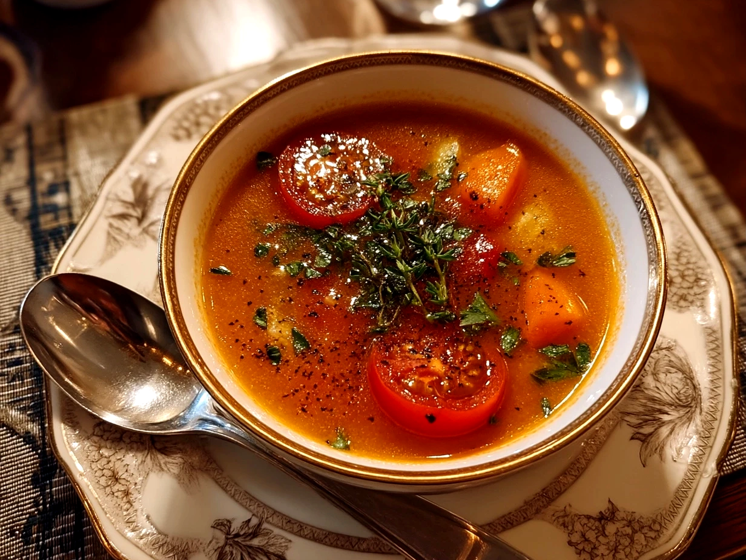 Close-up of a warm bowl of comforting vegetable soup ready to serve