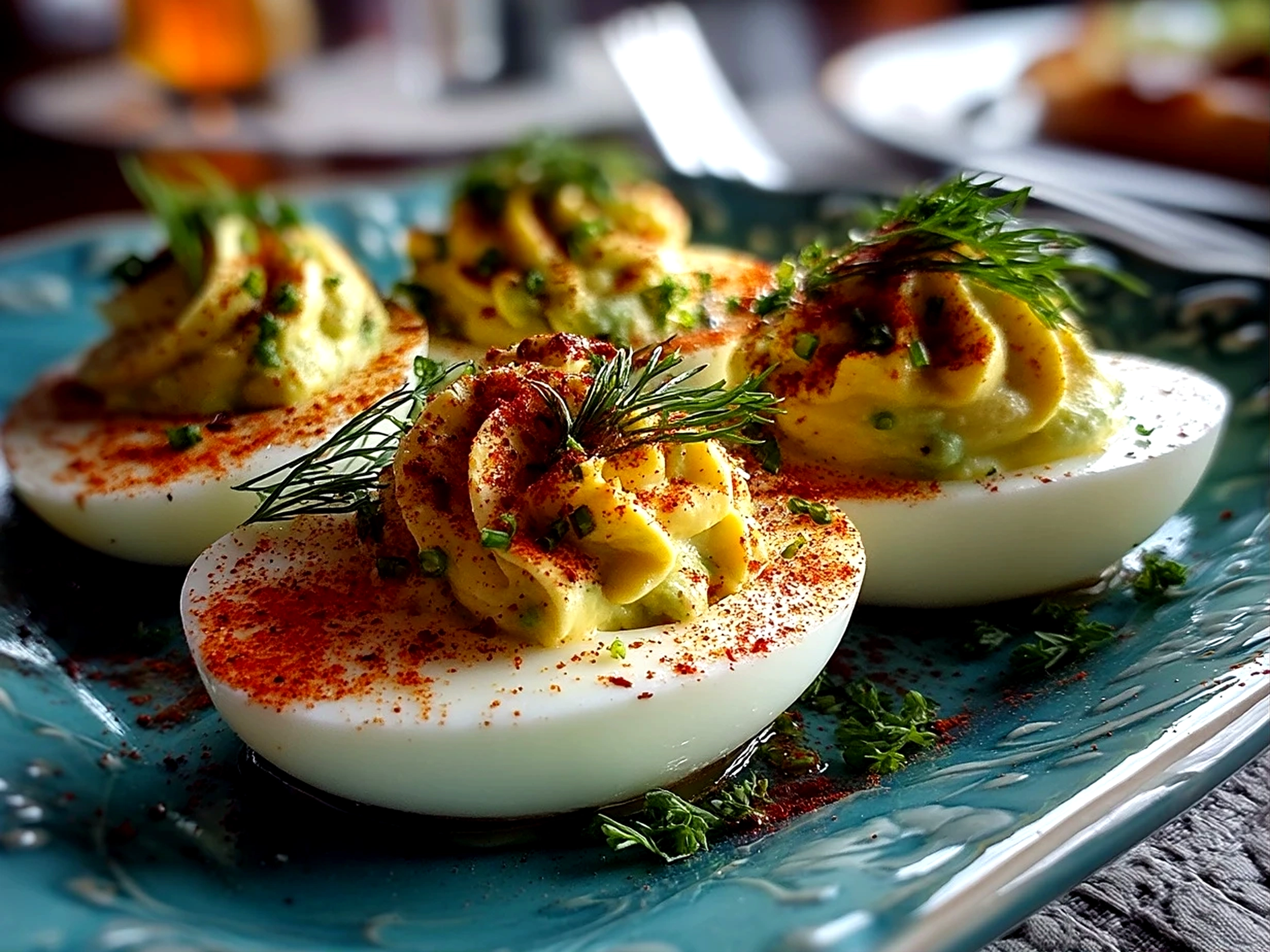 Close-up of finished creamy avocado deviled eggs garnished with paprika and herbs