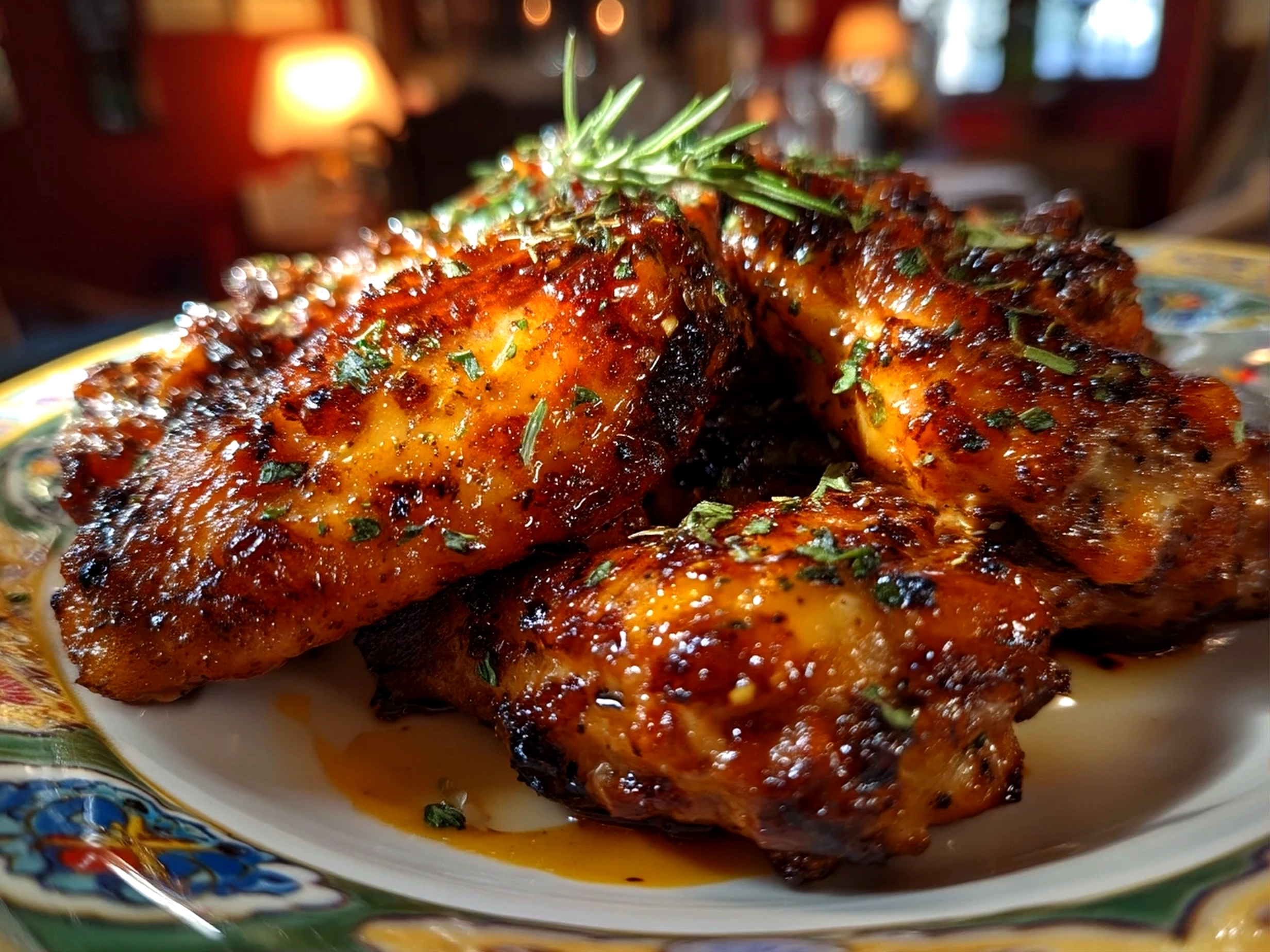 Slight angle close up finished crispy chicken wings
