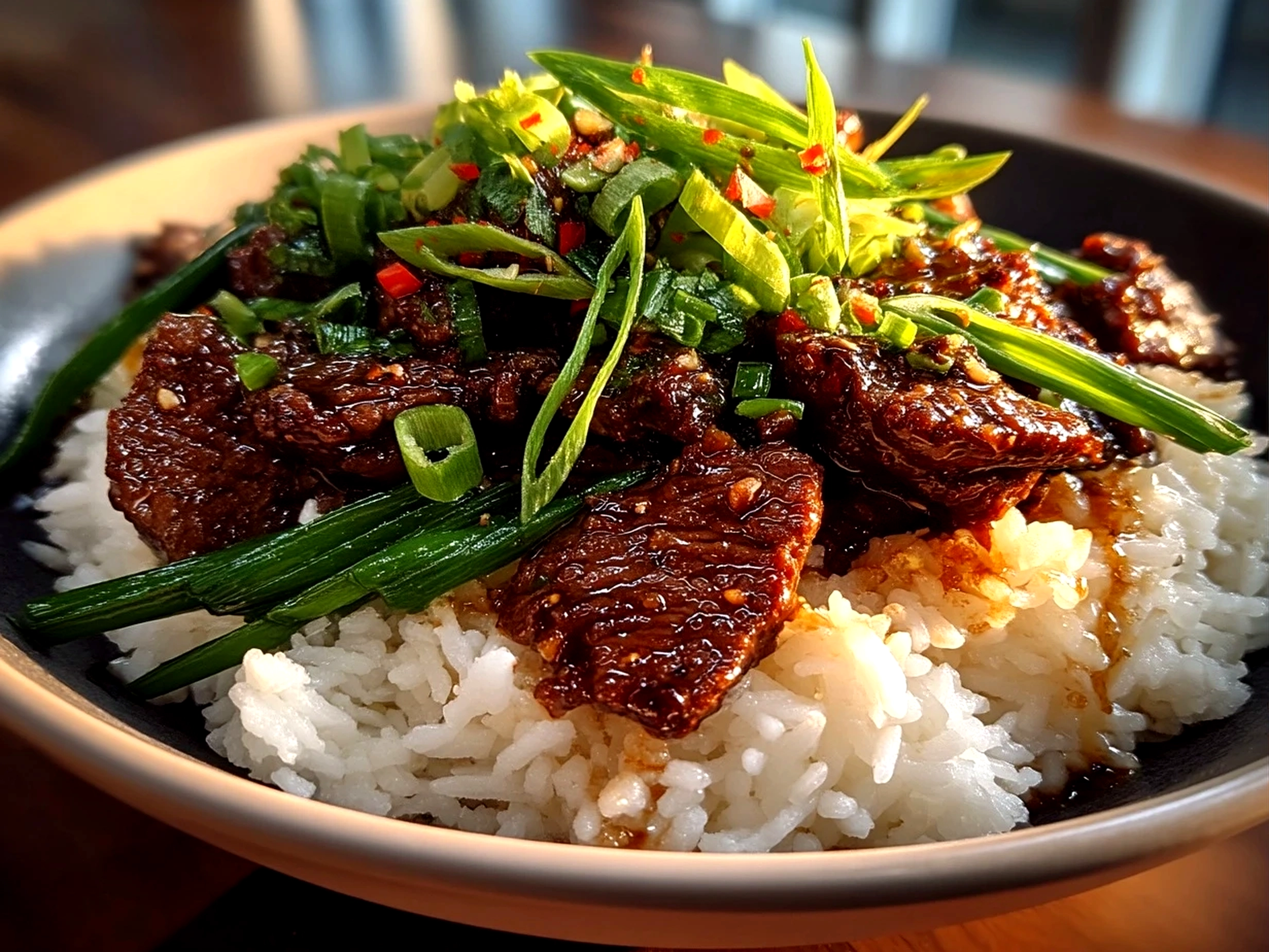 Close-up of finished Crispy Peking Beef Bowl with sauce drizzle and green onion garnish