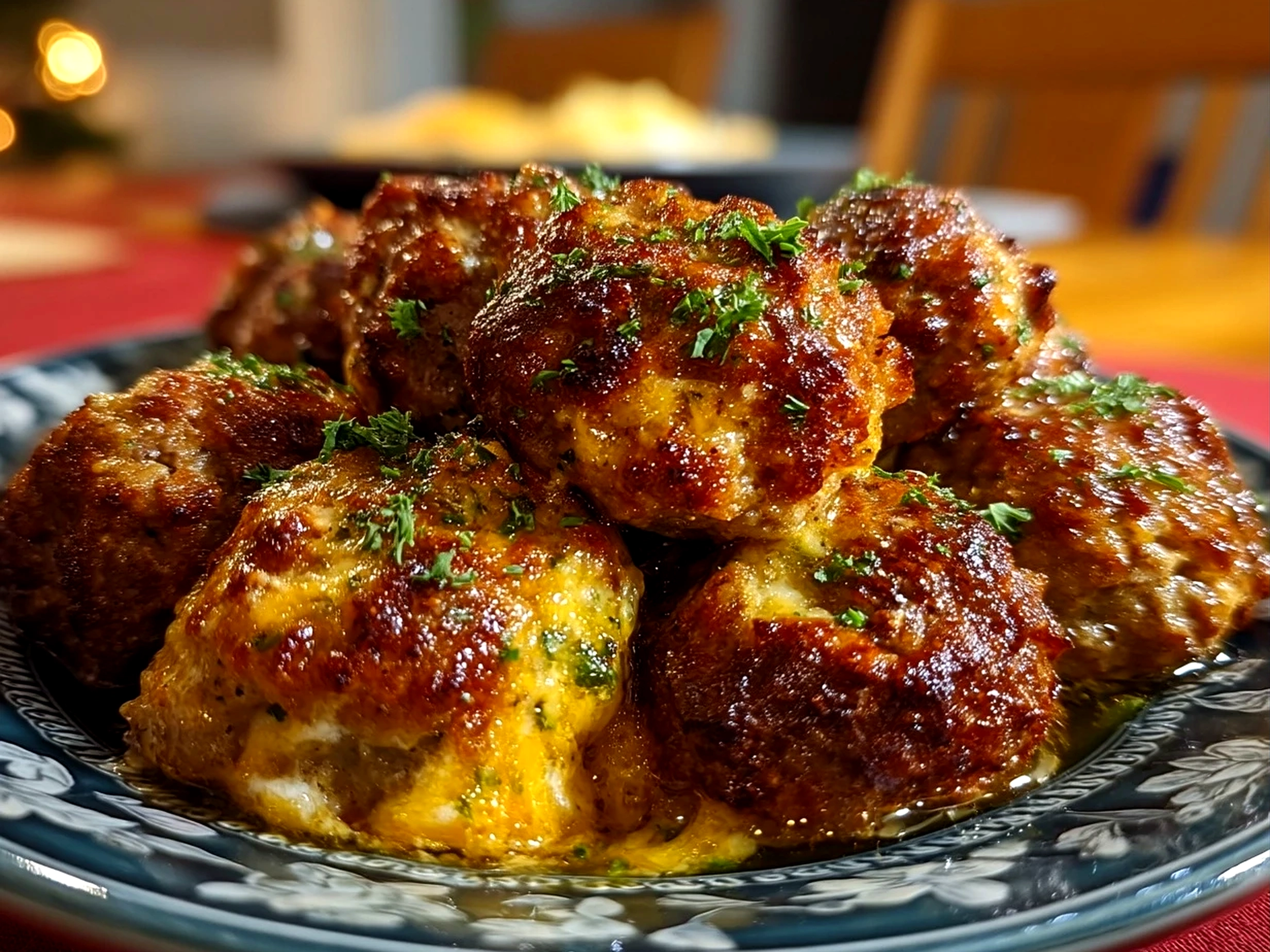 Slight angle close up of finished delicious cheesy Rotel sausage balls