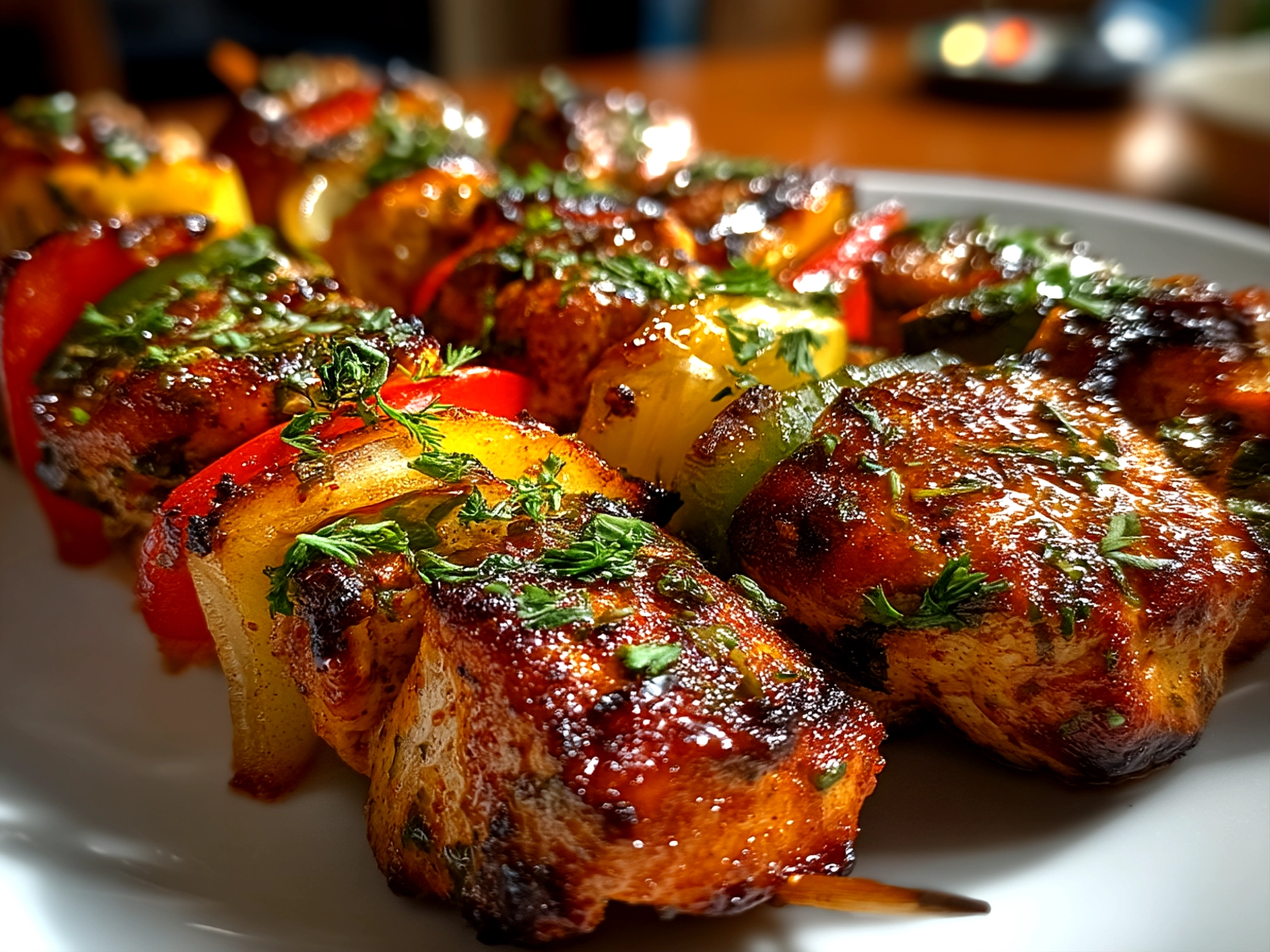 Slight angle close-up of finished delicious Chicken Kebabs served and ready to eat