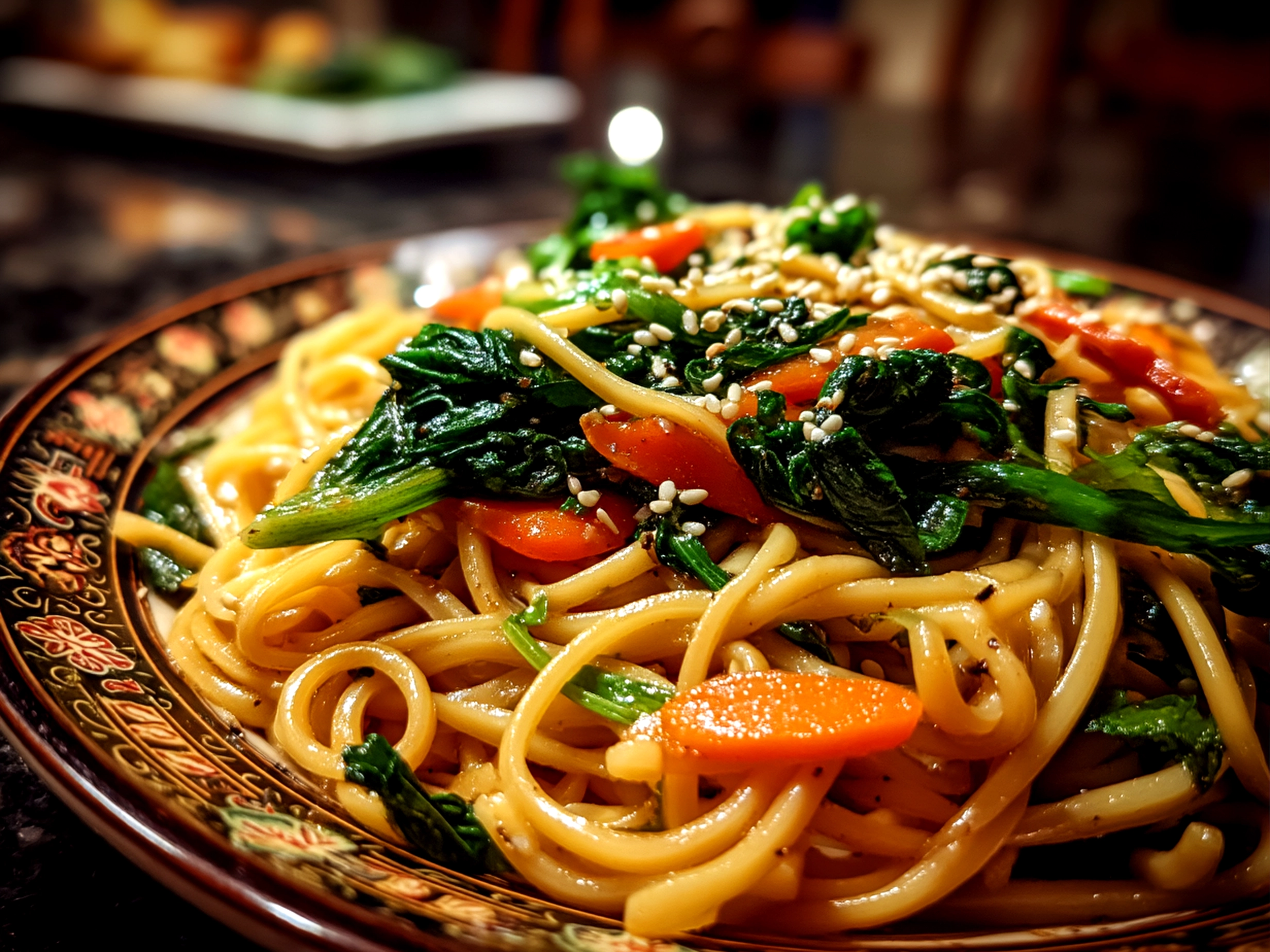 Slight angle close-up of finished delicious cold sesame noodles served in a bowl
