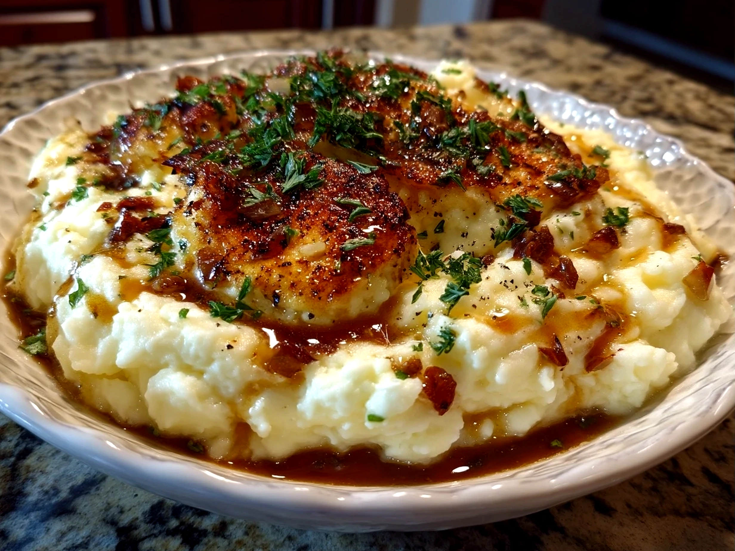 Close-up of finished delicious roasted garlic mashed potatoes ready to serve
