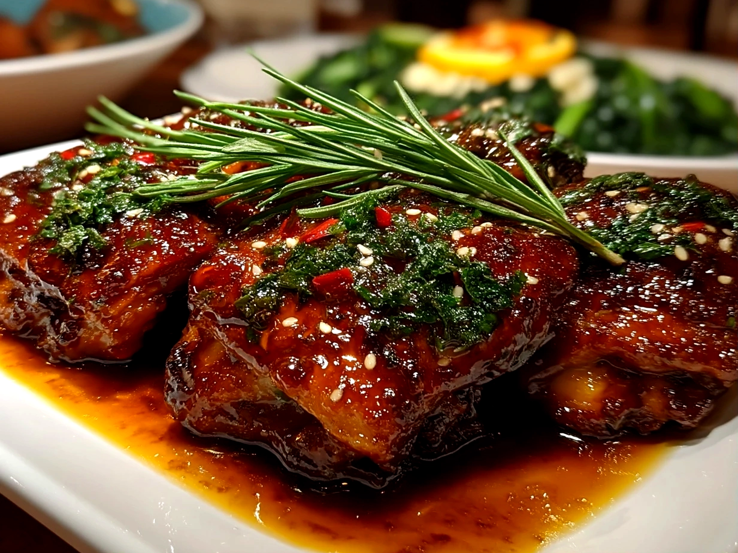 Served Sticky Honey Garlic Thighs with glossy garlic honey glaze