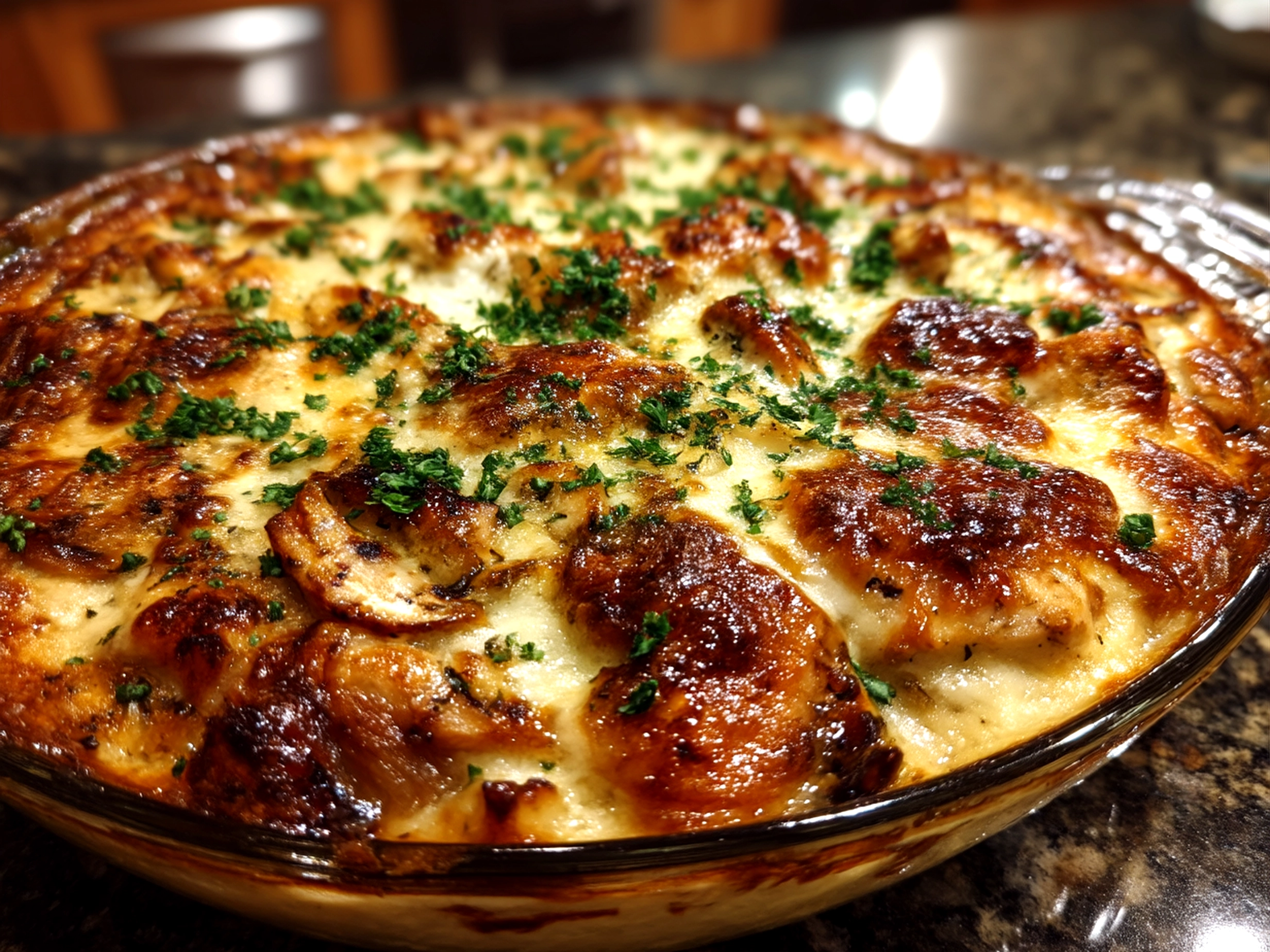 Slight angle close up of finished French Onion Chicken Bake with melted cheese and garnish