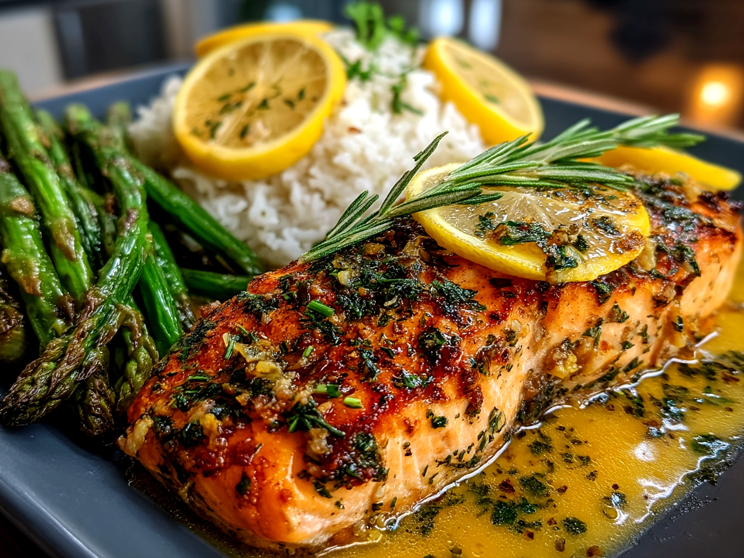 Close up of finished garlic butter salmon with a garnish of chopped fresh parsley