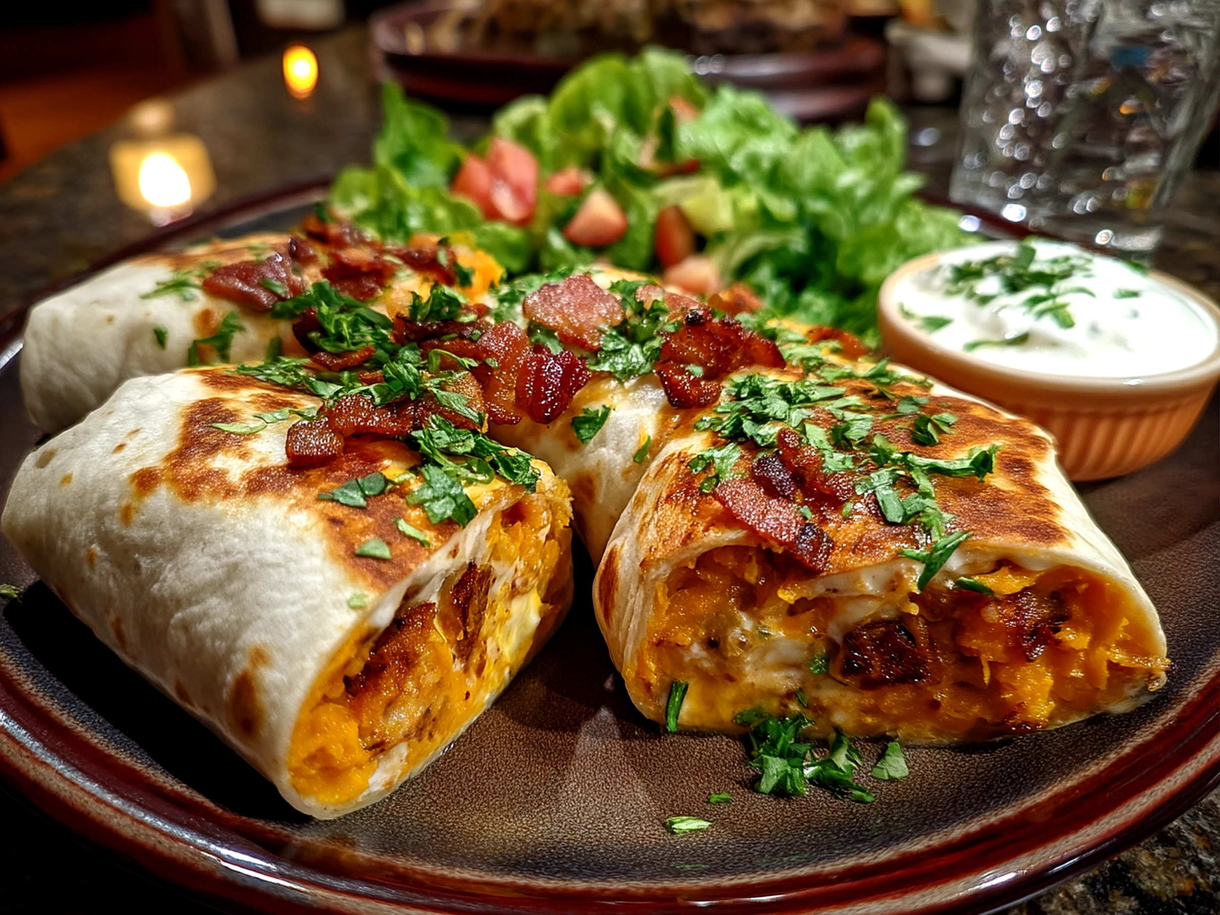 Slight angle close up finished loaded sweet potato burritos with natural shadows