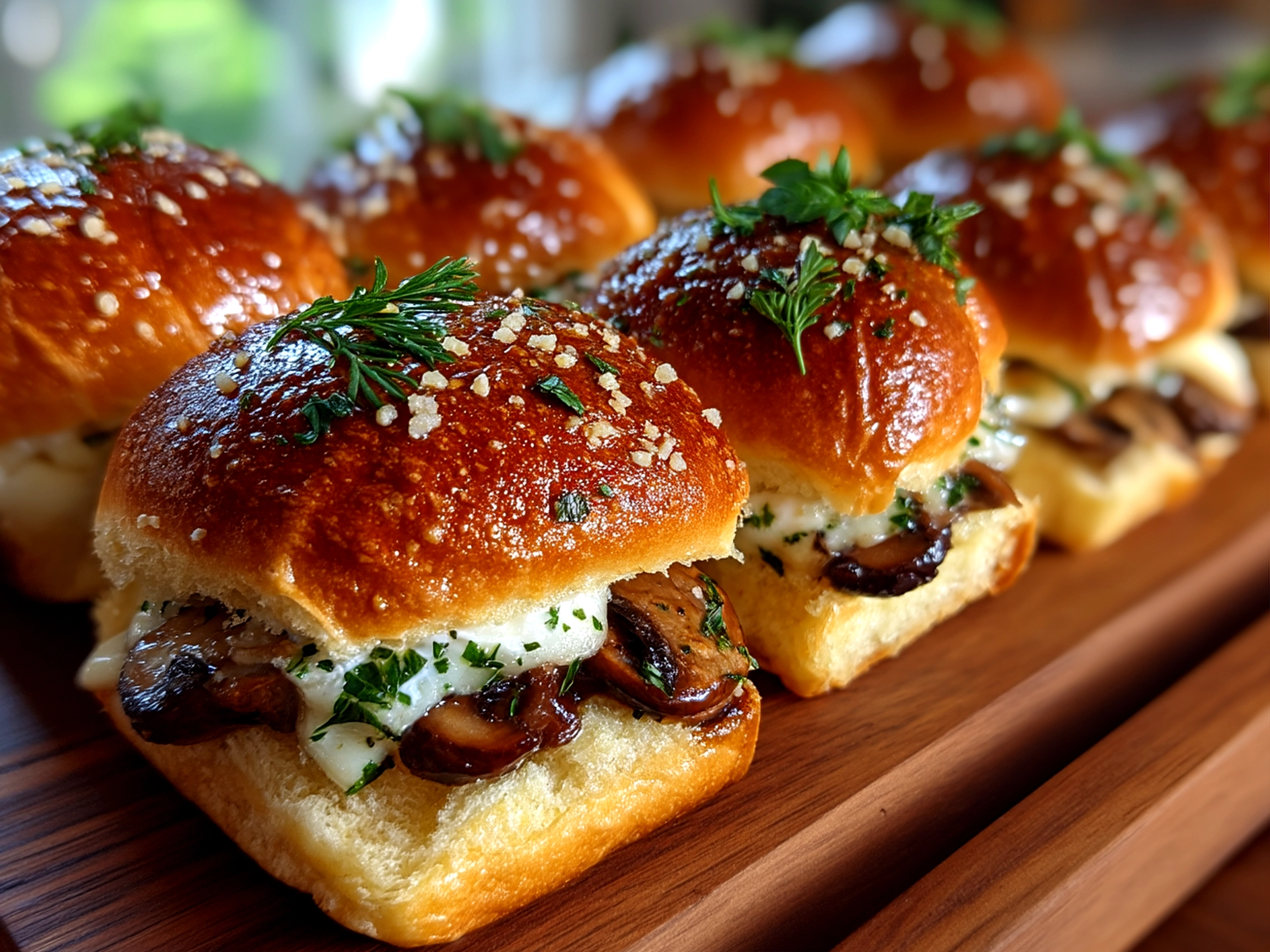 Slight angle close-up of finished Mini Mushroom Swiss Sliders with melted Swiss cheese and sautéed mushrooms