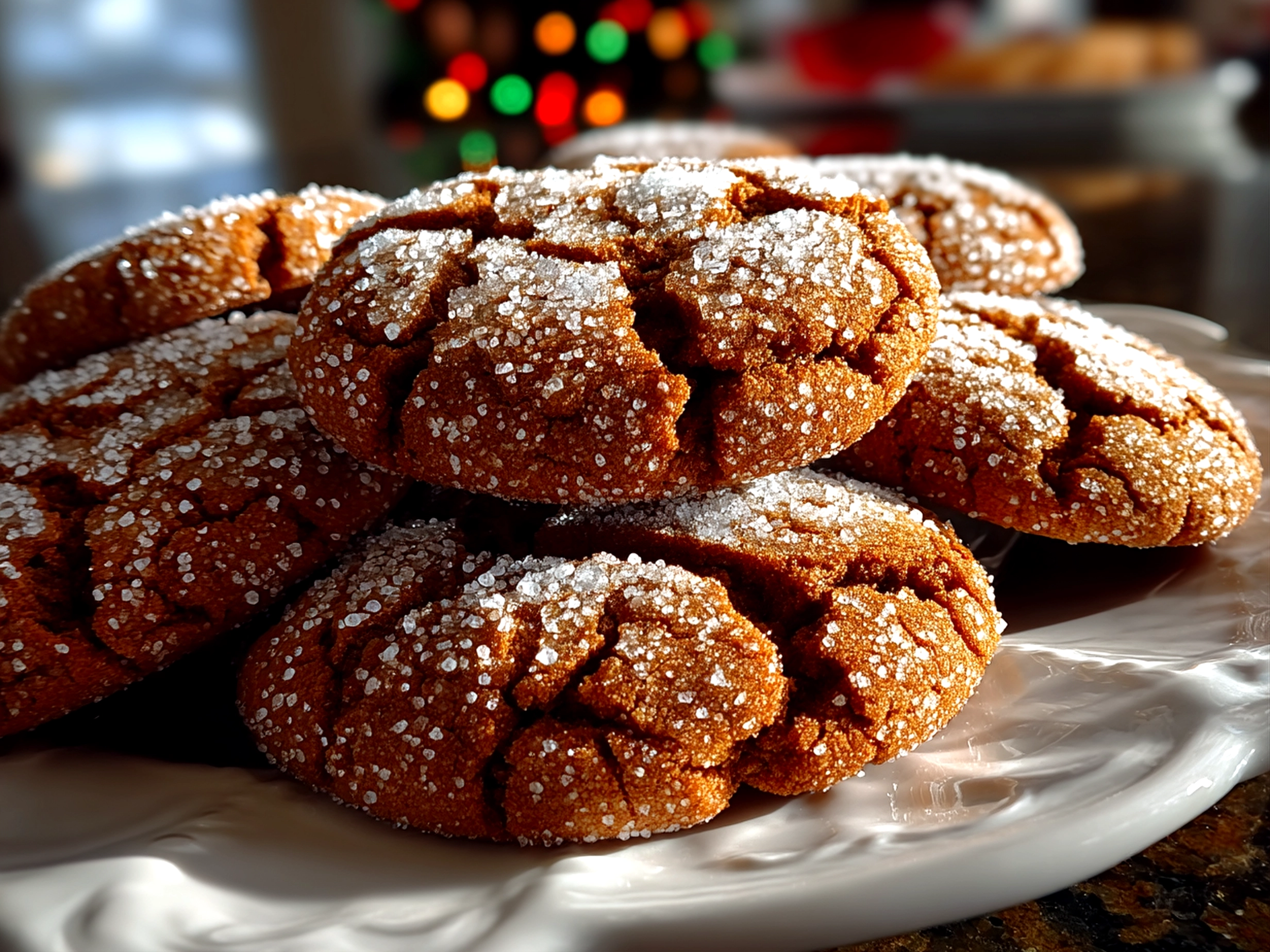 Close-up of freshly baked Molasses Crinkle Cookies stacked on a plate