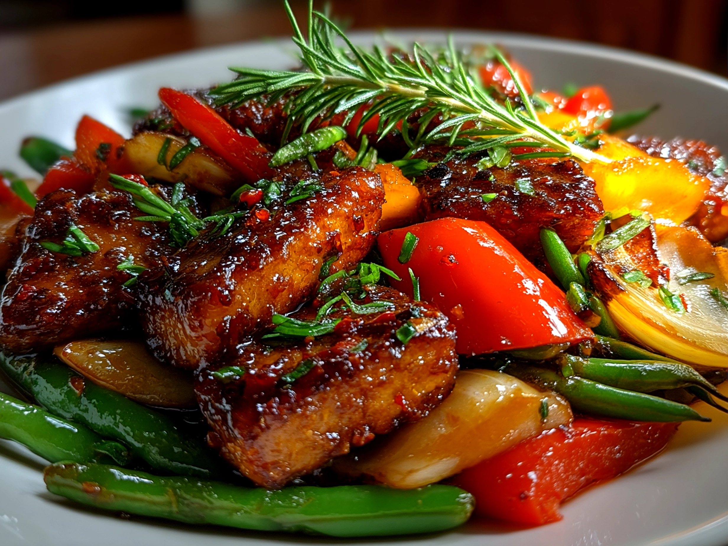 Slight angle close up of finished Orange Glazed Tempeh Stir Fry with glossy orange sauce