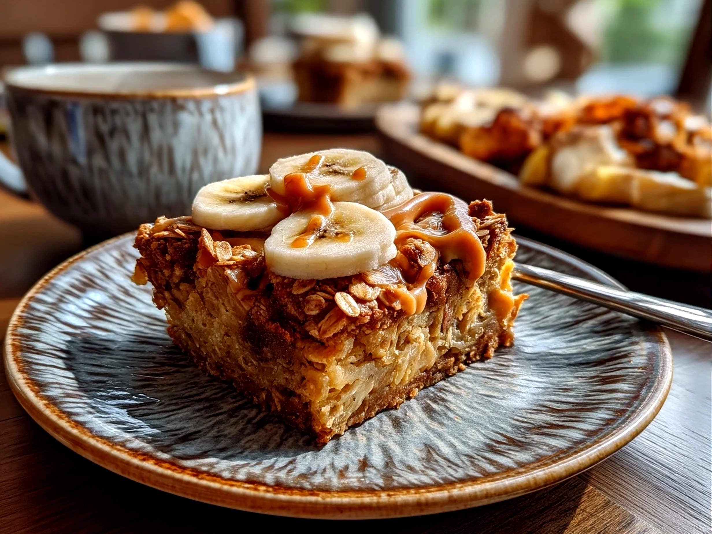 Slight angle close-up of finished peanut butter banana oat bars showing texture and slice