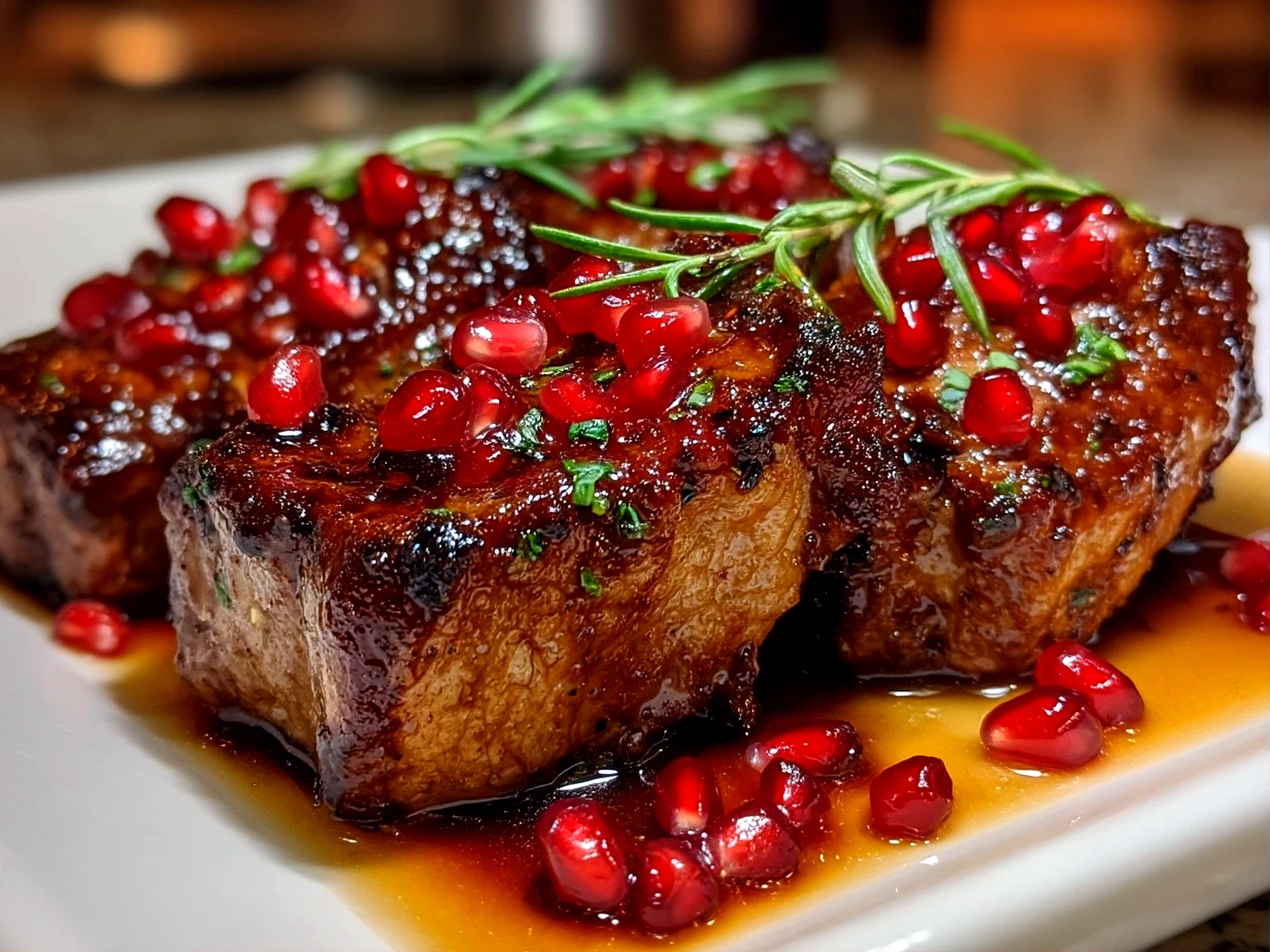 Slight angle close up of finished Pomegranate Glazed Lamb Chops