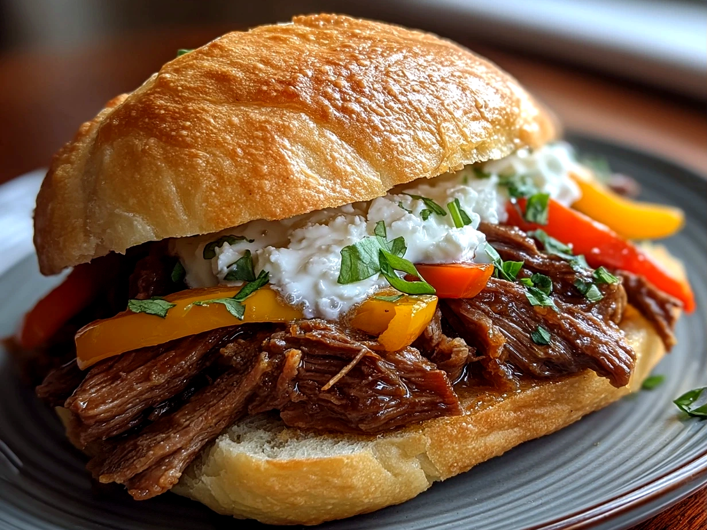 Close-up of finished Slow Cooker Italian Beef Sandwich ready to serve