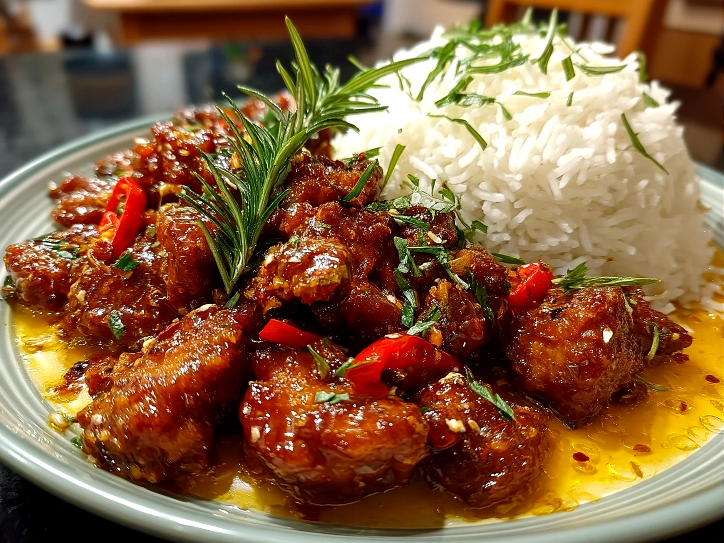 Close up of finished Spicy Portuguese Chilli Chicken on a plate, showing juicy grilled chicken with charred skin