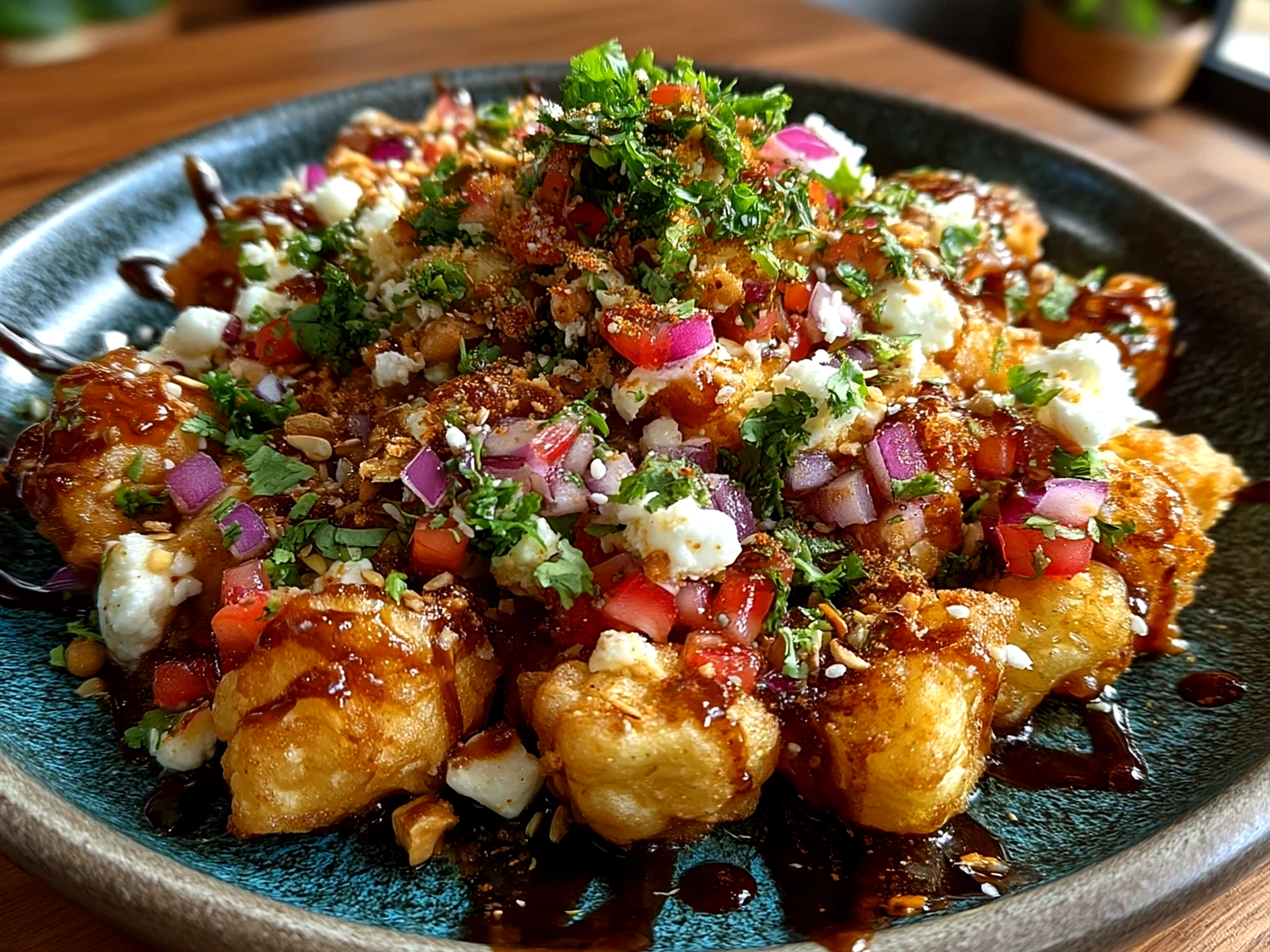 Slight angle close-up of finished Street-Style Peanut Cheese Chaat, colorful and garnished with fresh coriander