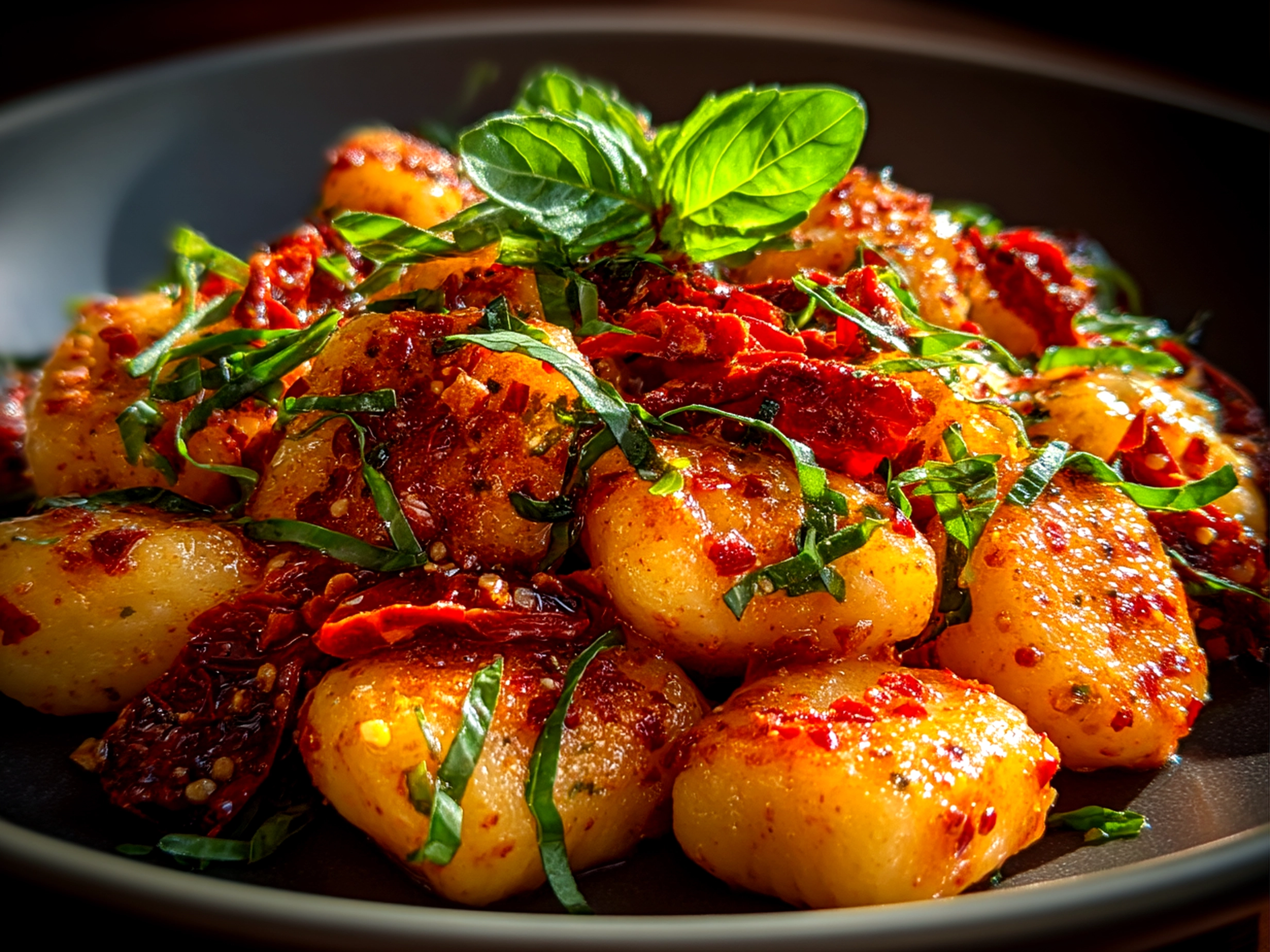 Close up of finished Sun-Dried Tomato Gnocchi with creamy sauce, garnished with fresh herbs