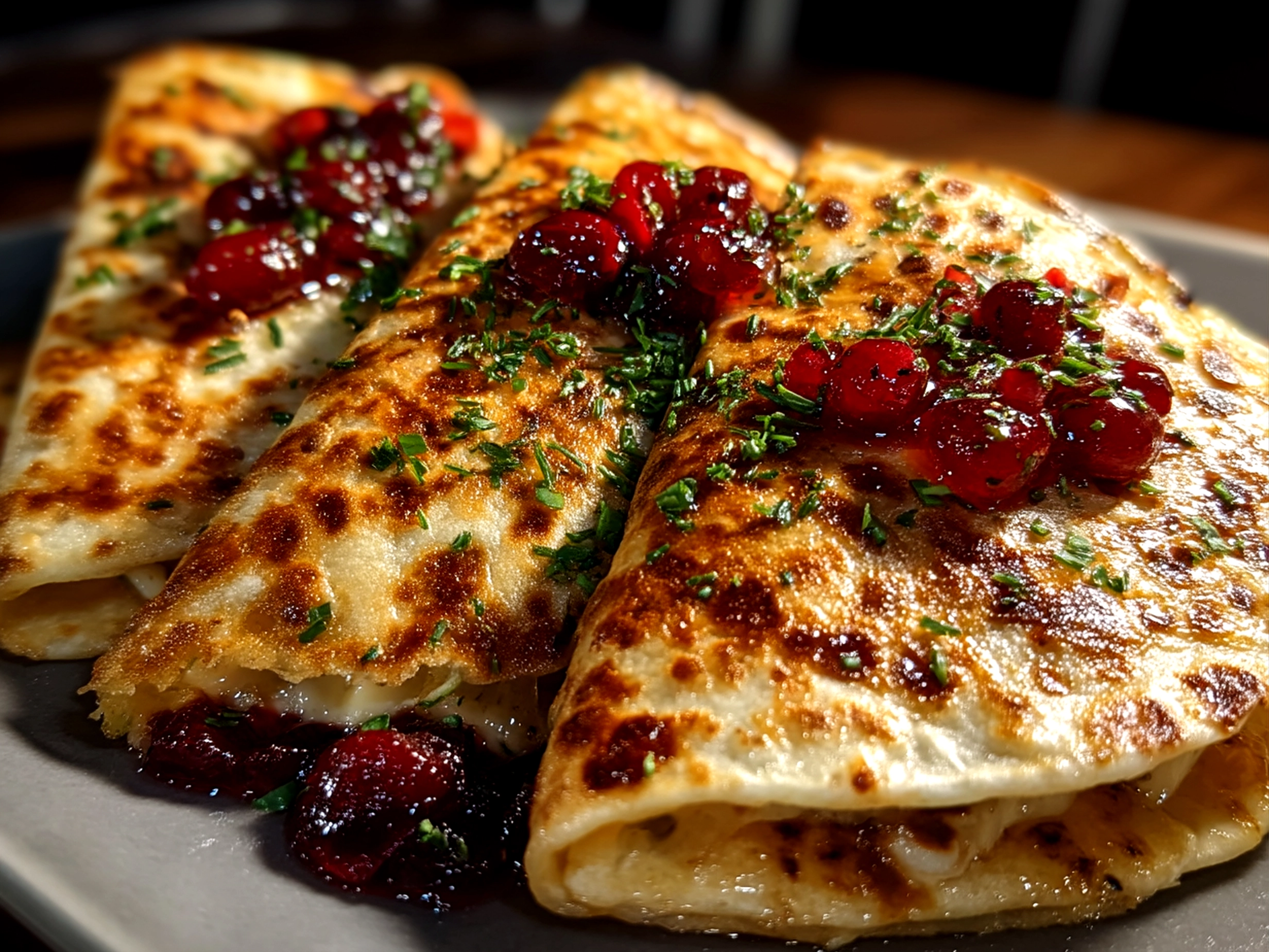Slight angle close-up of finished Turkey Cranberry Quesadillas showing crispy golden tortillas and melted cheese