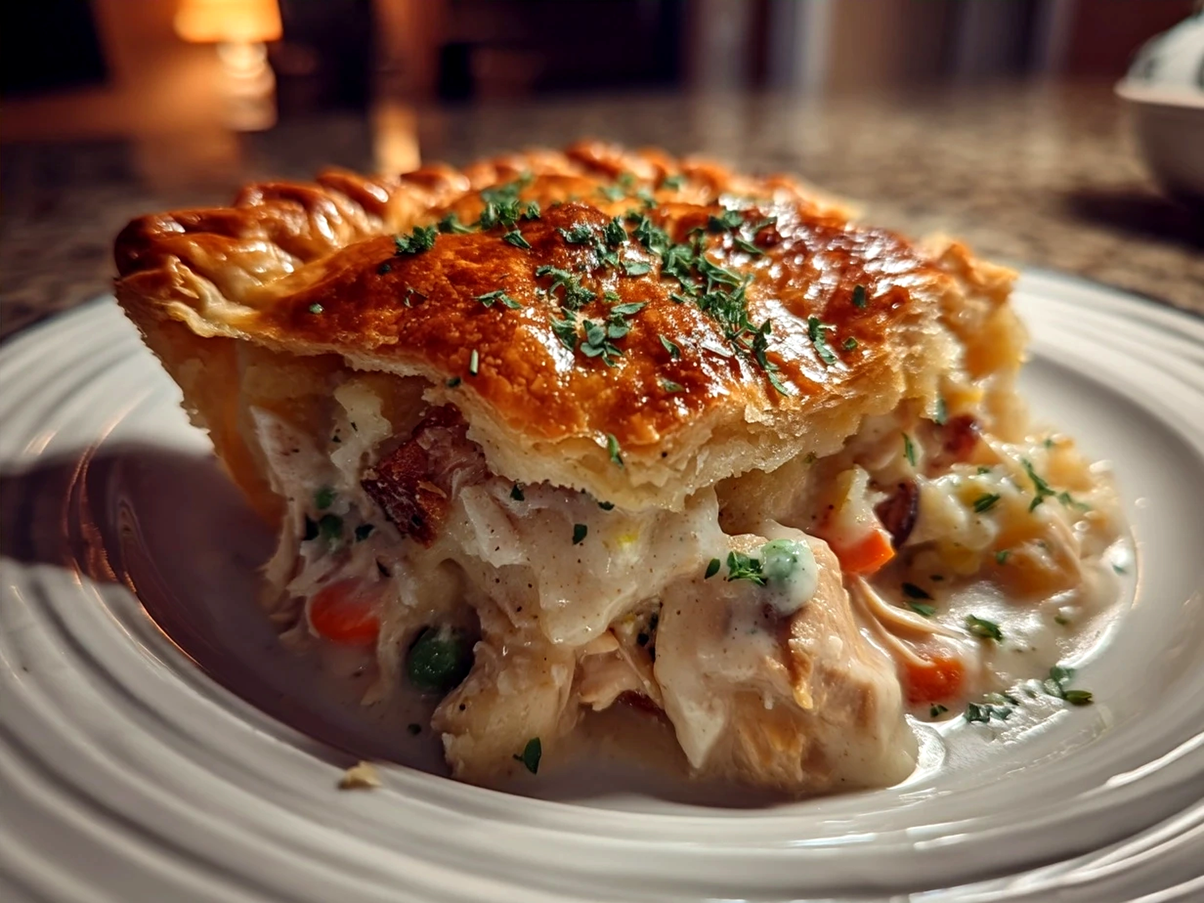 Slow Cooker Chicken Pot Pie served on a plate with sides