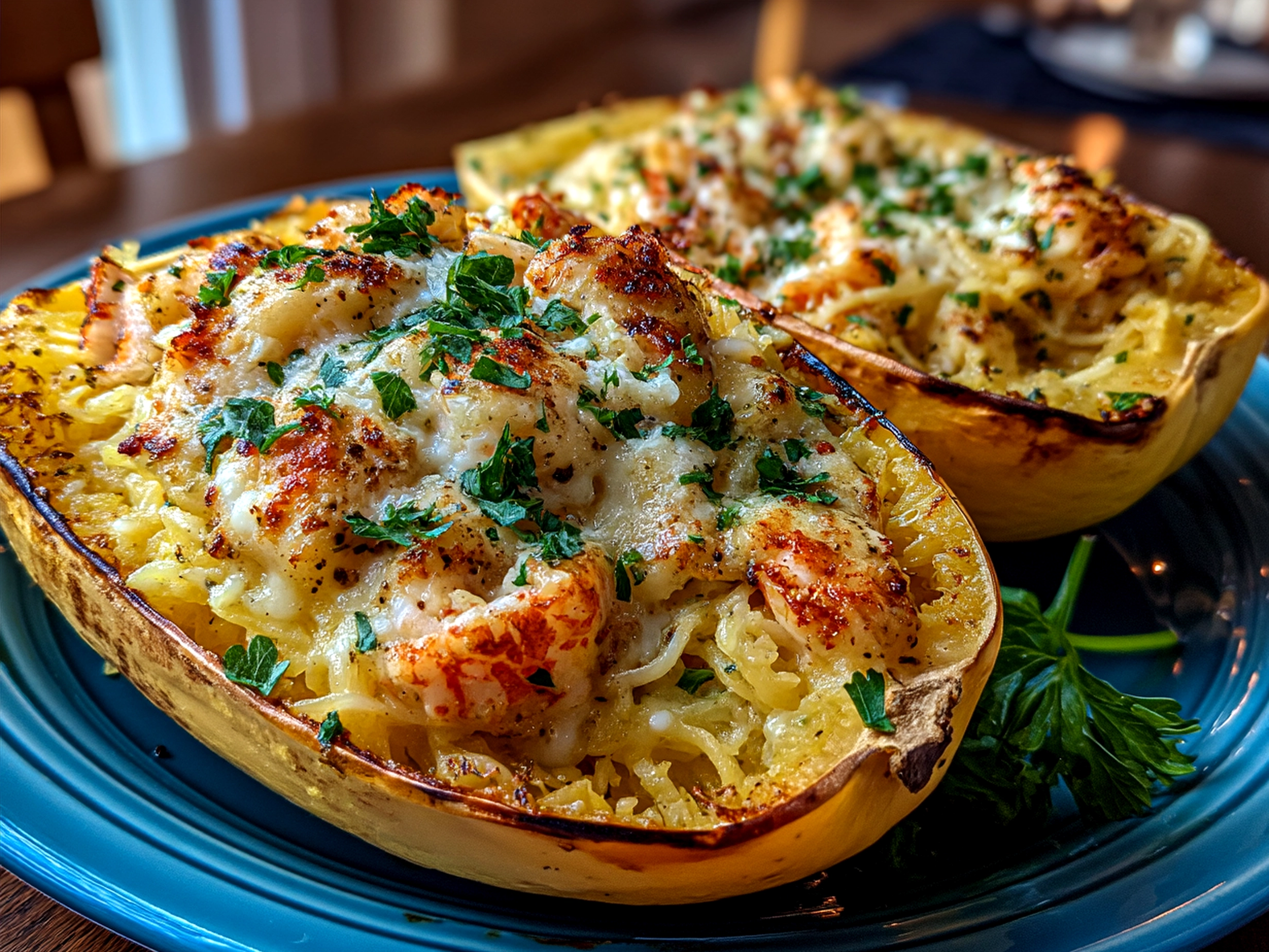 Finished Spaghetti Squash Alfredo Boats served with fresh herbs and a side salad
