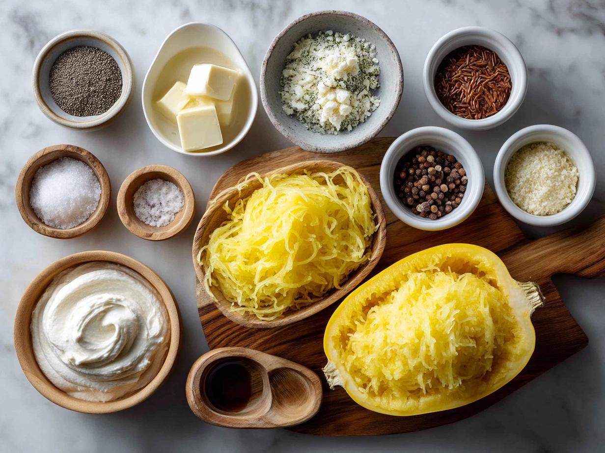 Ingredients for Spaghetti Squash Alfredo Boats including spaghetti squash, heavy cream, Parmesan cheese, butter, and garlic