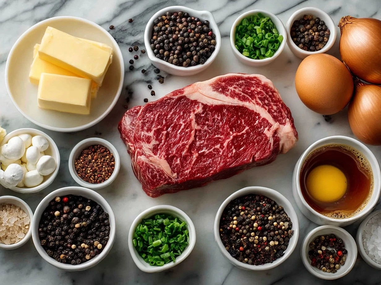 Ingredients for steak with peppercorn sauce including ribeye steaks, peppercorns, butter, shallots, beef broth, cream, and Dijon mustard