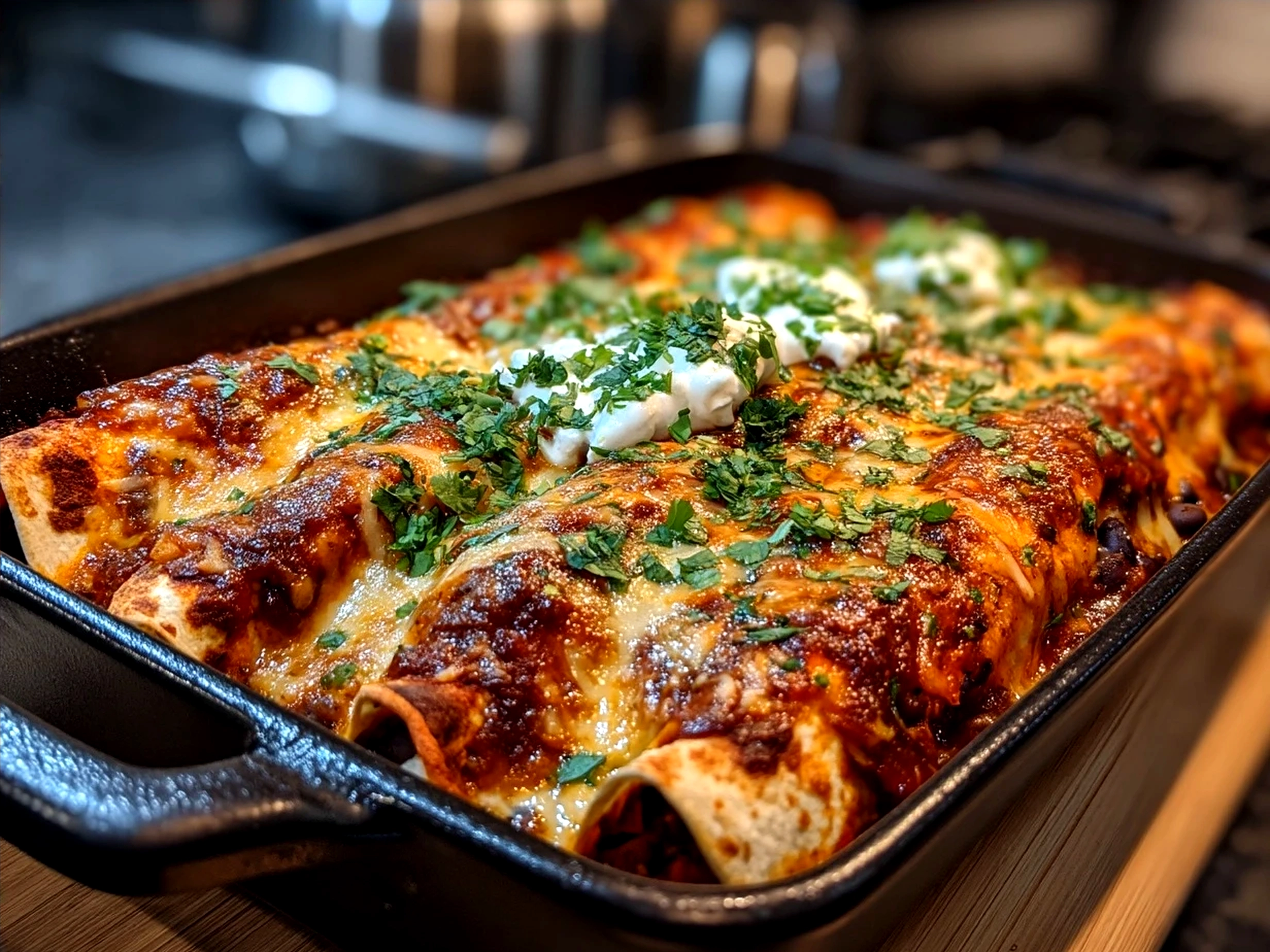 Served Sweet Potato Black Bean Enchiladas with toppings and sides
