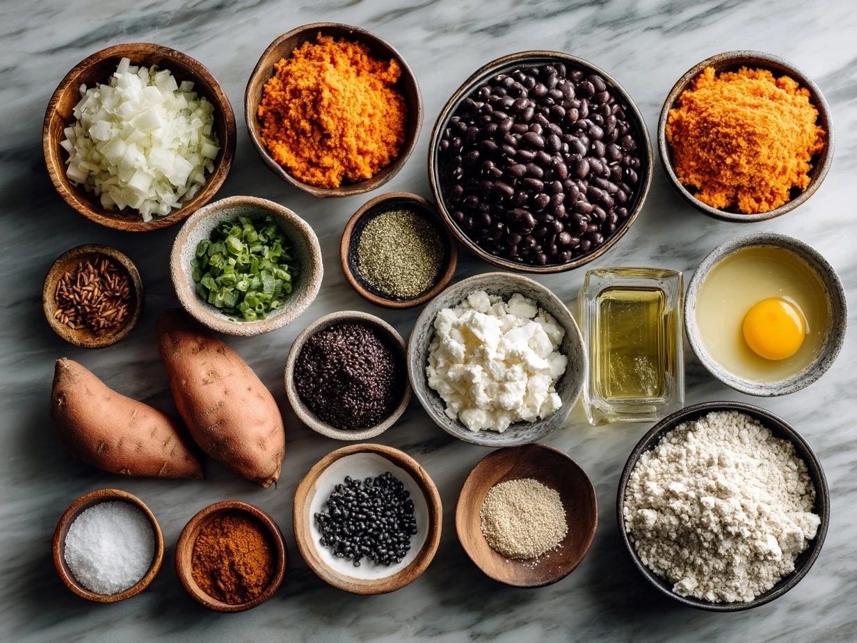 Ingredients for Sweet Potato Black Bean Enchiladas laid out neatly