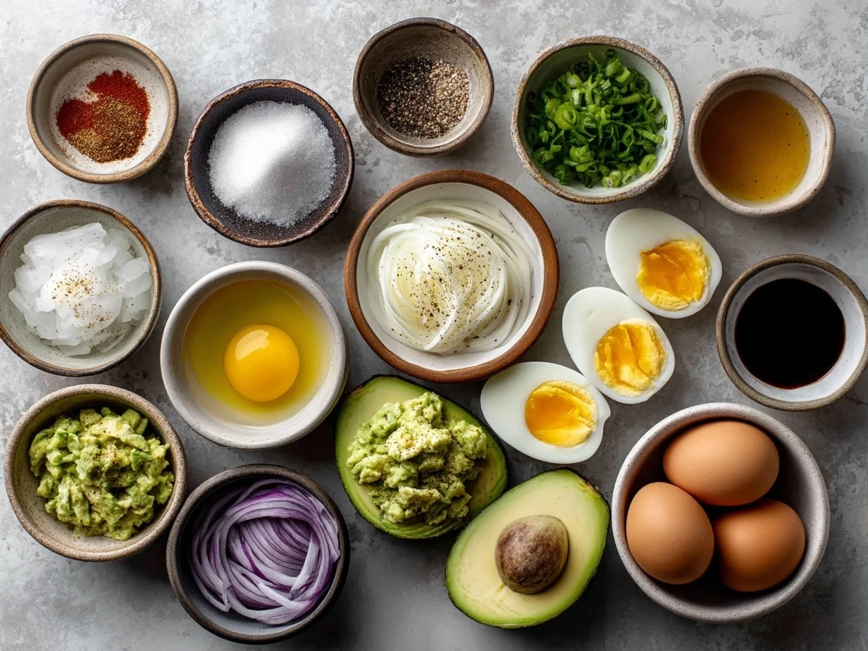 Top-down view of raw ingredients for avocado deviled eggs including eggs, avocado, mayonnaise, mustard, lemon and spices