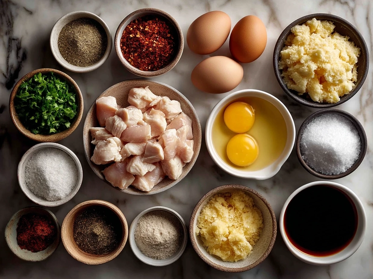 Top down raw ingredients for BBQ Chicken Sliders on marble surface