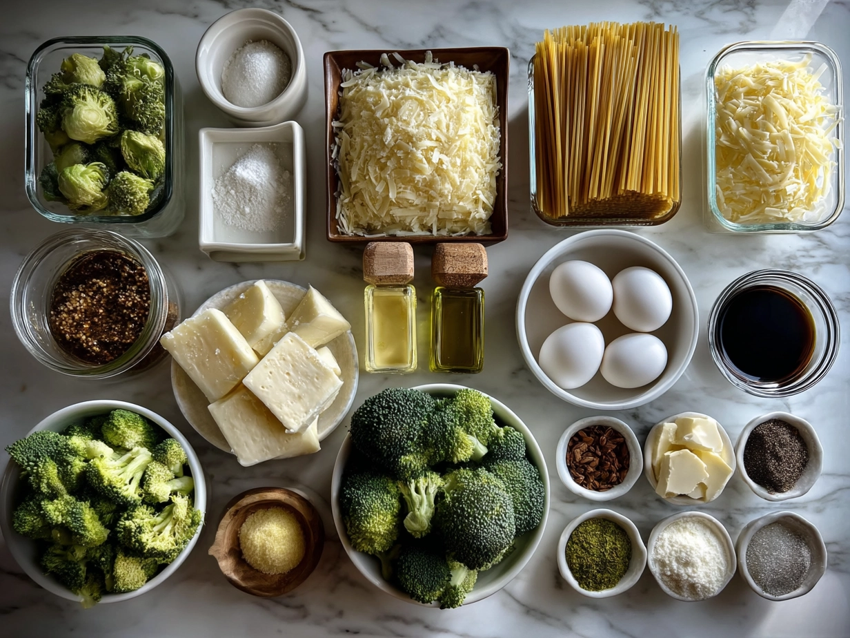Top down view of raw ingredients for broccoli cheddar orzo bake on marble table