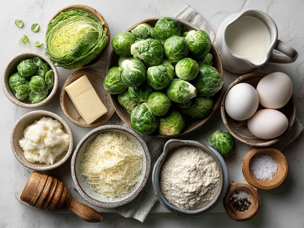 Top down view of raw ingredients for Brussels Sprouts Caesar on marble surface