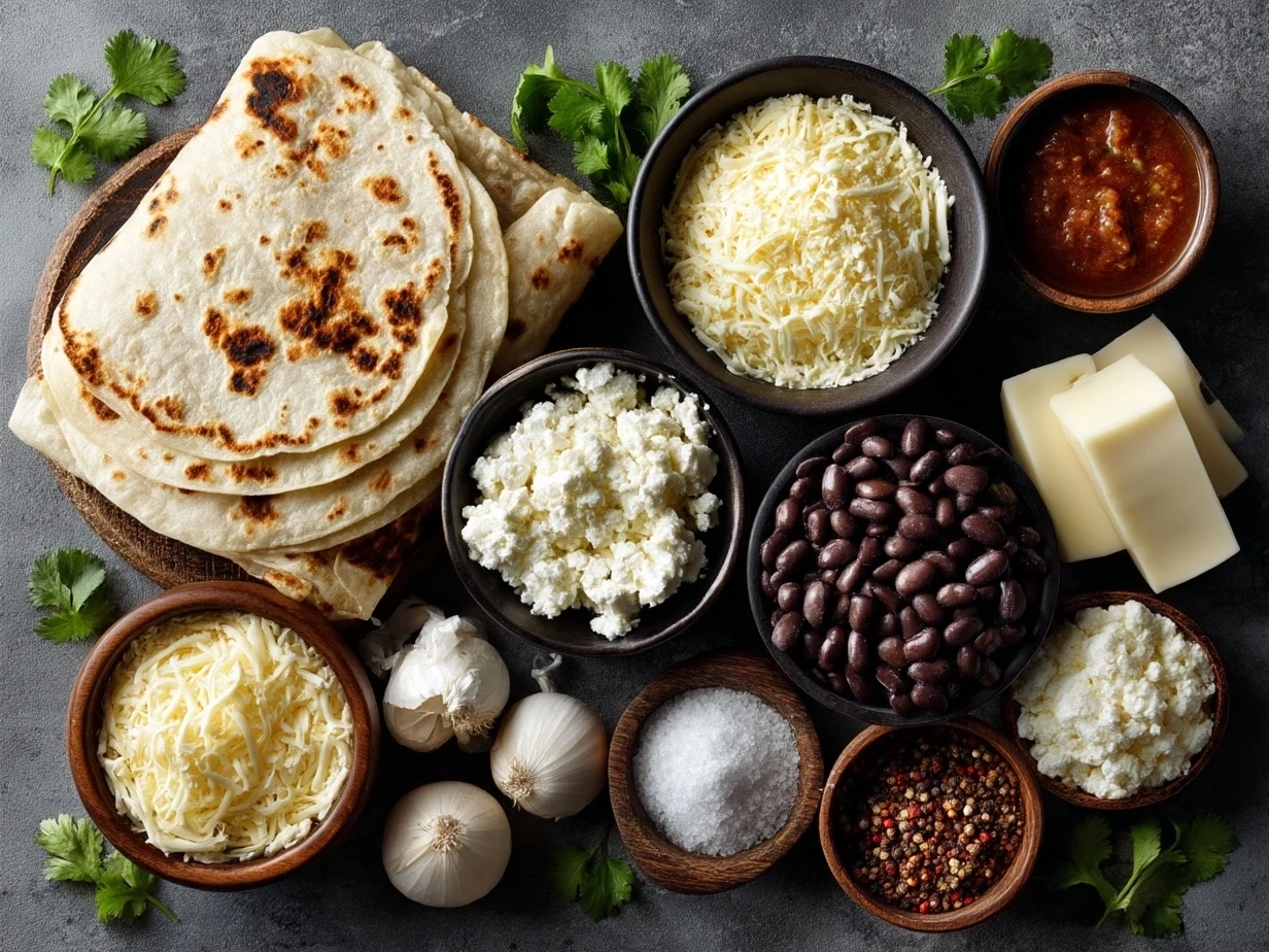 Top down view of raw ingredients for cheese quesadilla on a marble surface