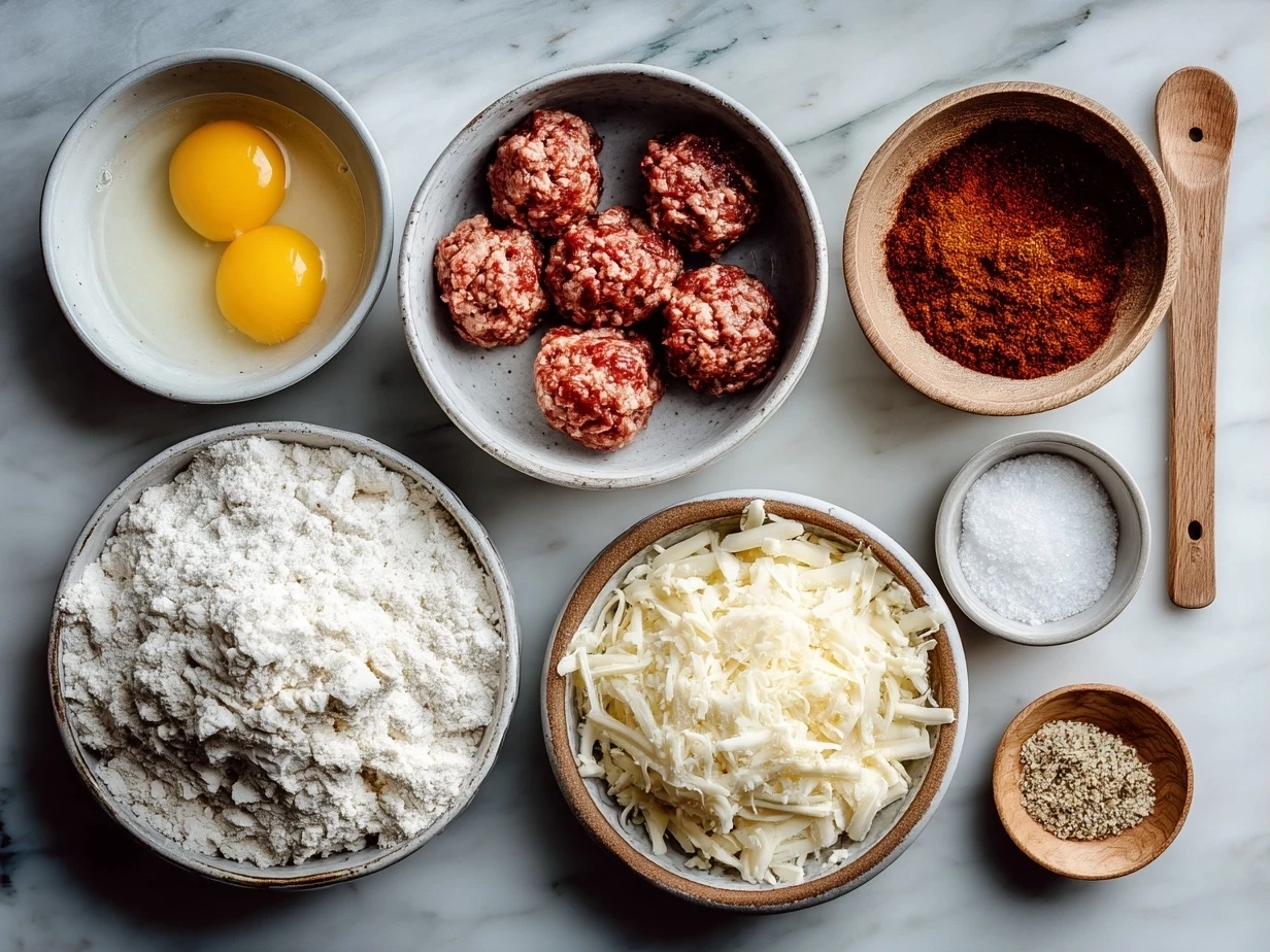 Top down view of raw ingredients for cheesy Rotel sausage balls on marble countertop