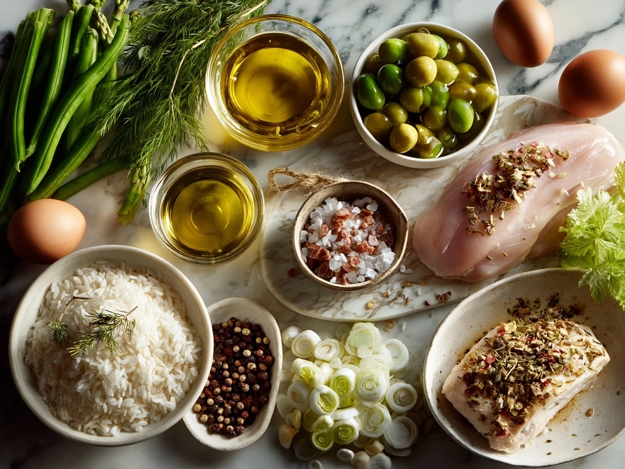 Top down view of raw ingredients for chicken and rice bowl on marble surface