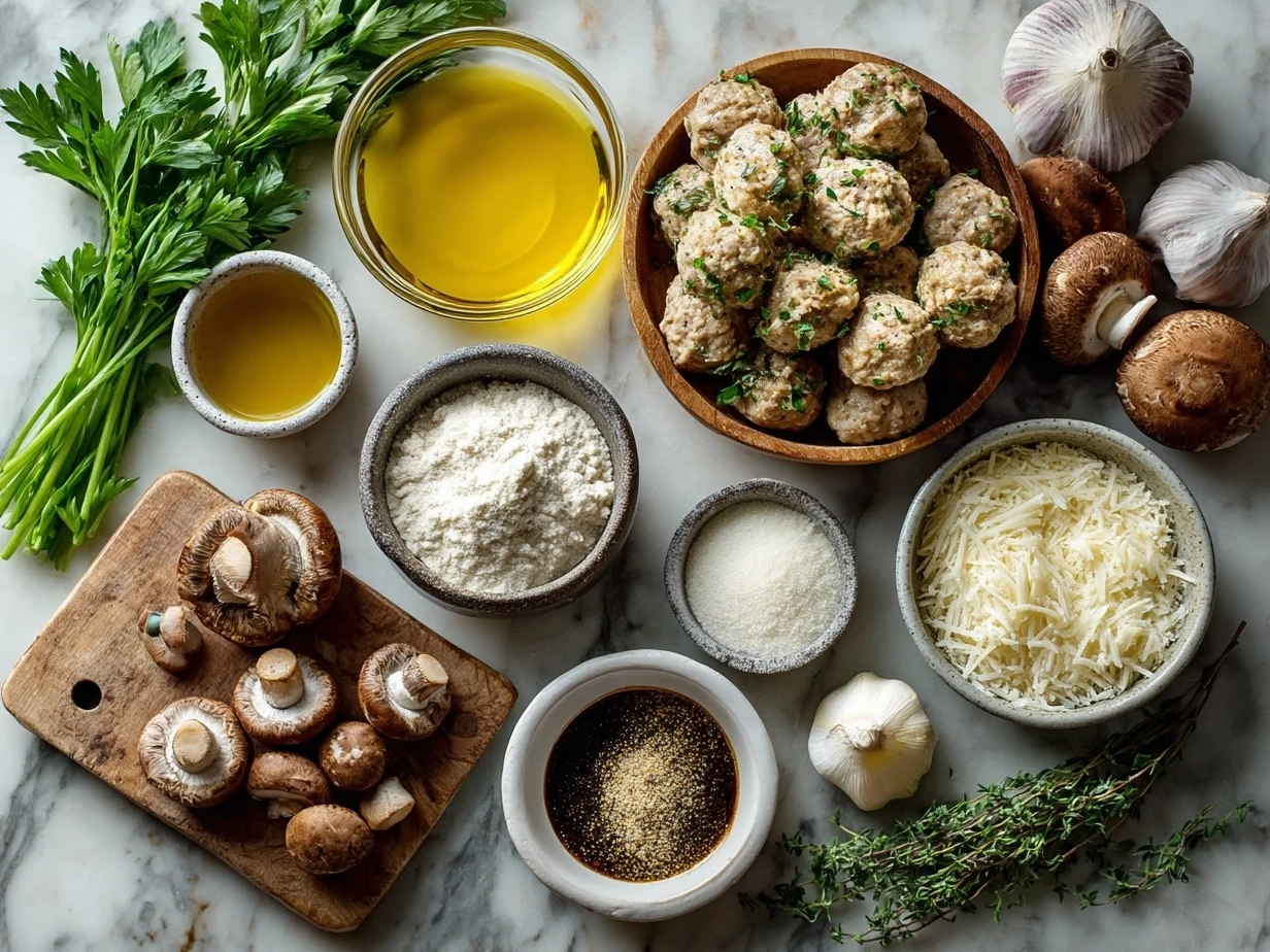 Top down raw ingredients for Chicken Marsala Meatballs on marble with modern kitchen organized mise en place.