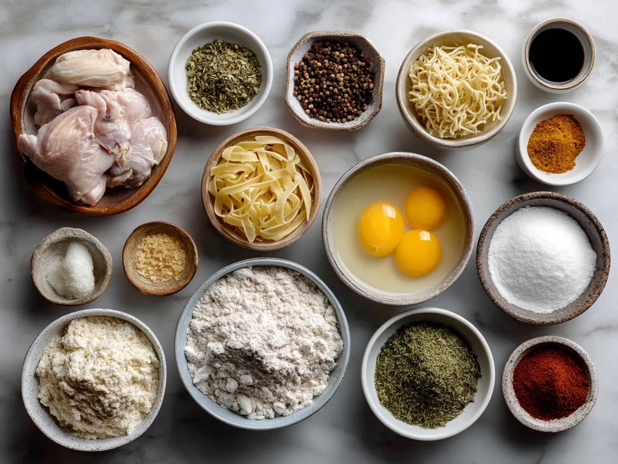 Top down view of raw ingredients for chicken noodle soup on marble, modern kitchen organized mise en place
