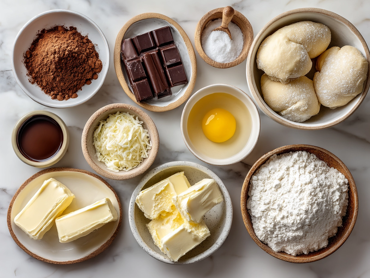 Top down view of raw ingredients for Chocolate-Filled Nutella Crescent Rolls on marble surface with organized mise en place