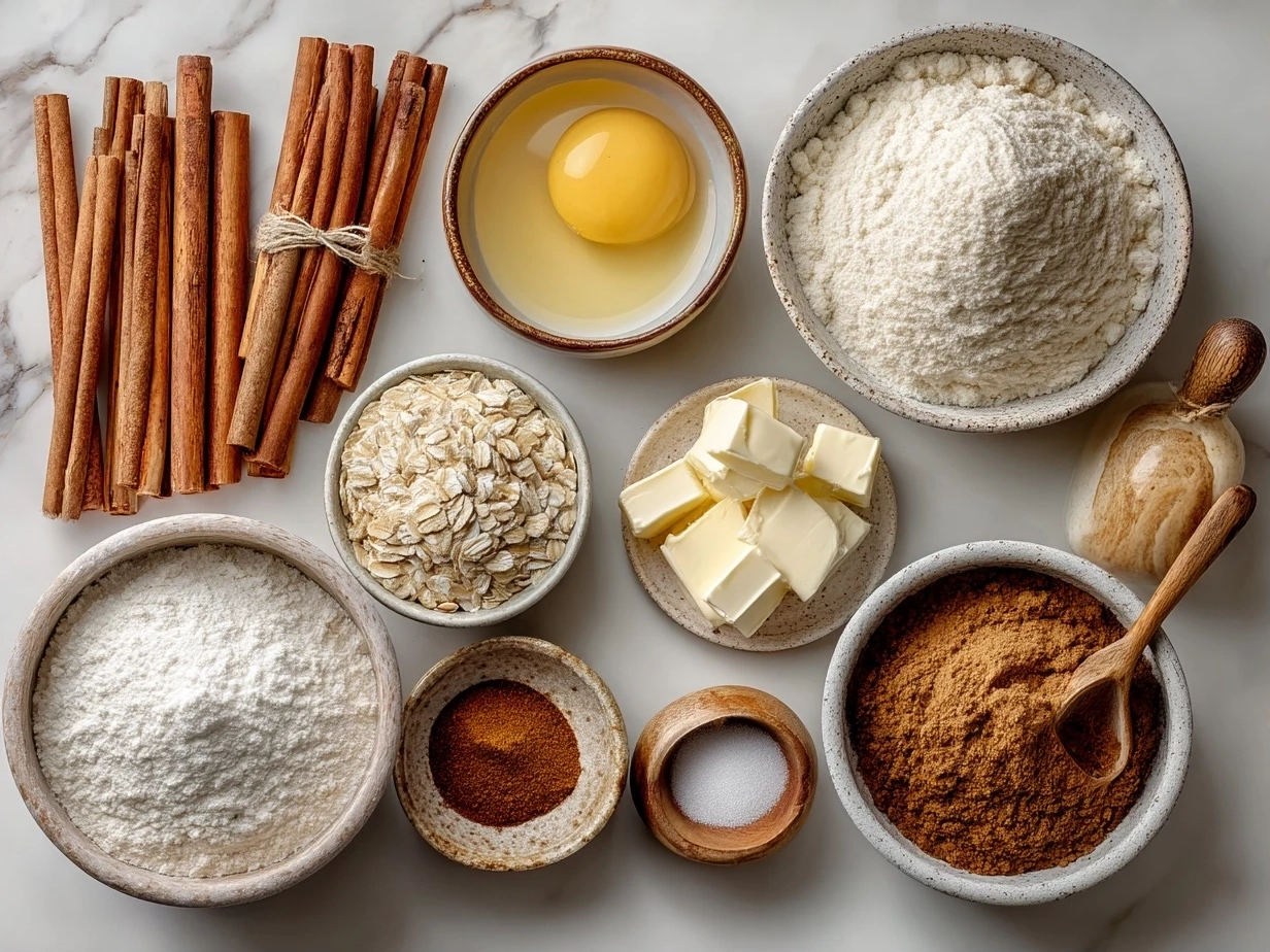 Top-down view of raw ingredients for cinnamon roll pancakes arranged neatly on a marble surface