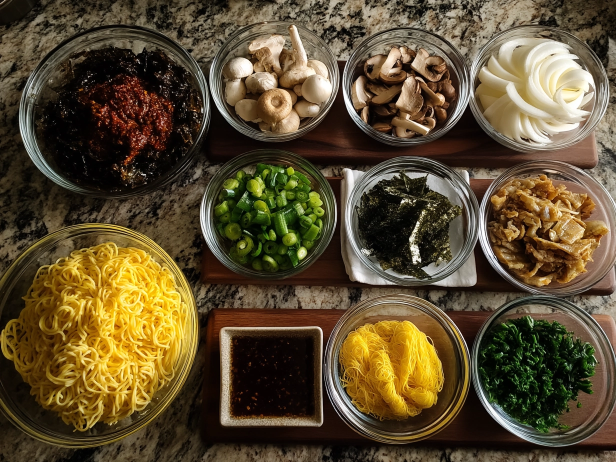 Top down view of raw ingredients for cold sesame noodles arranged on marble surface